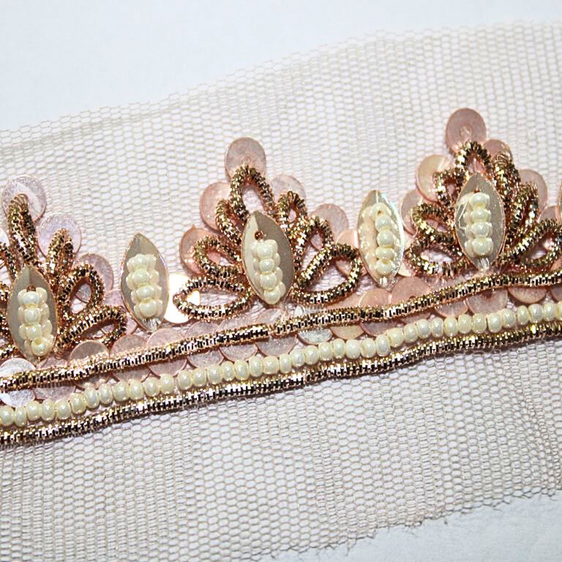 White & Rose Gold Pearl Embellished Handwork Lace
