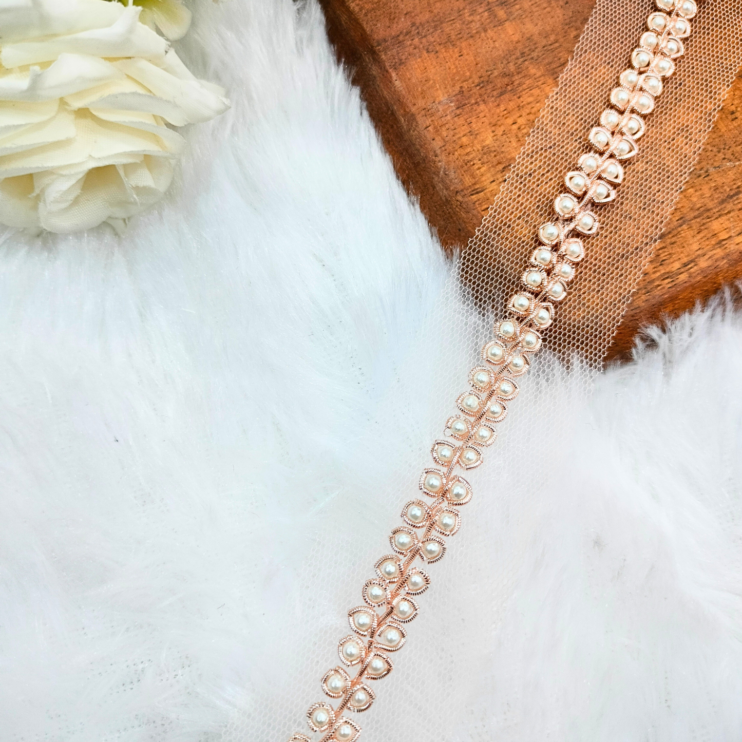 Rose Gold Pearl Embellished Handwork Lace