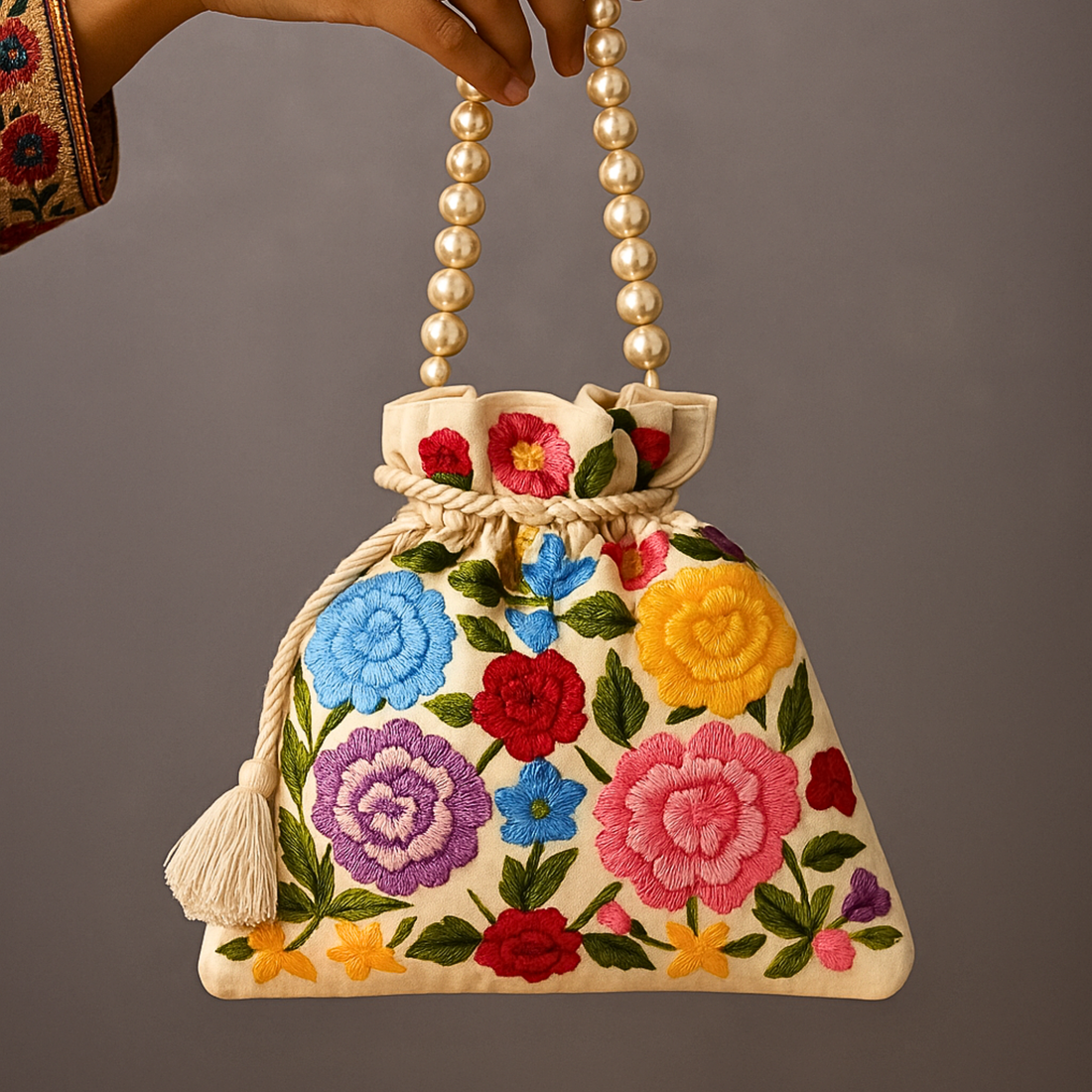 Ivory Multicolor Floral Embroidered Potli Bag