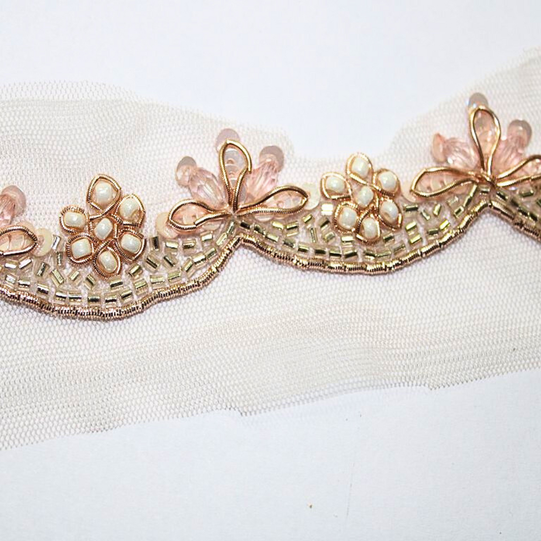 Rose Gold And White Pearl Embellished Handwork Lace