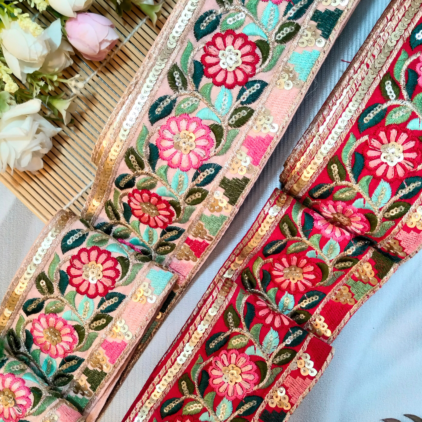 Delicate Peach Multicolor Embroidery Trim