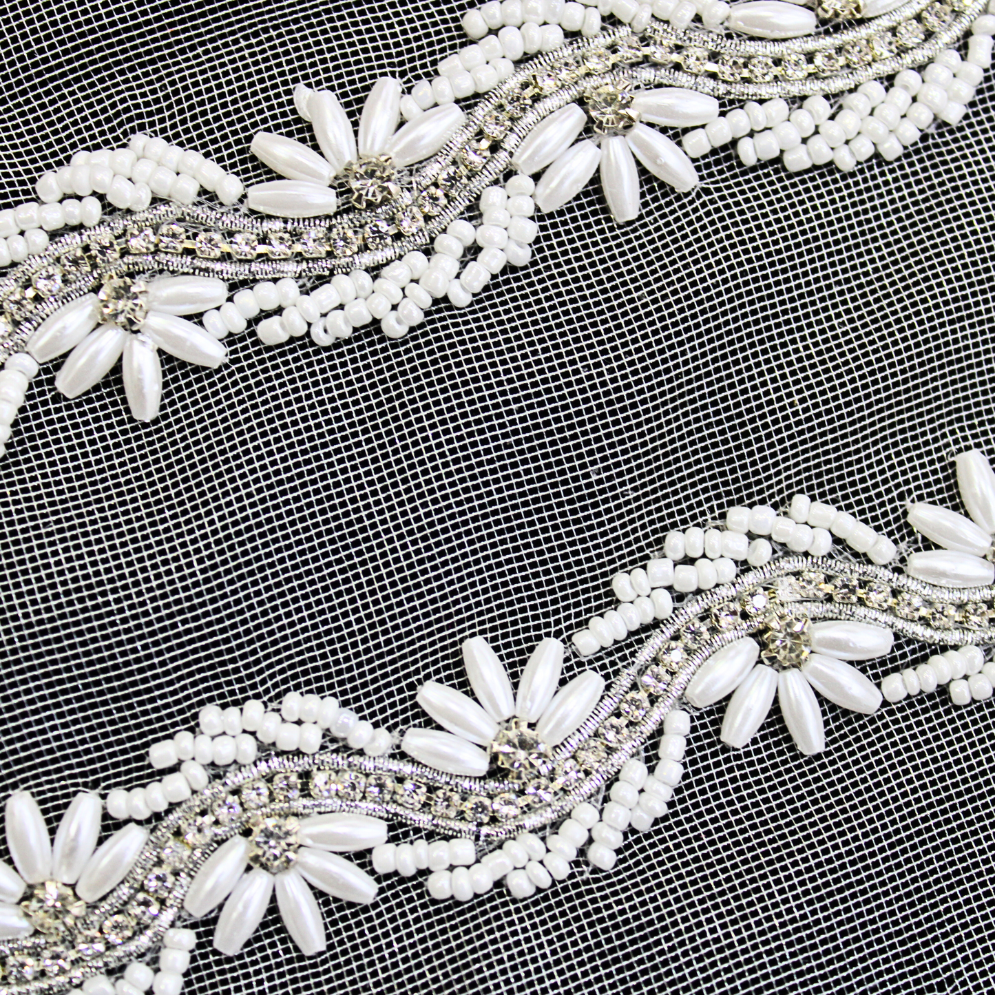 White Beads & Stone Embellished Handwork Lace