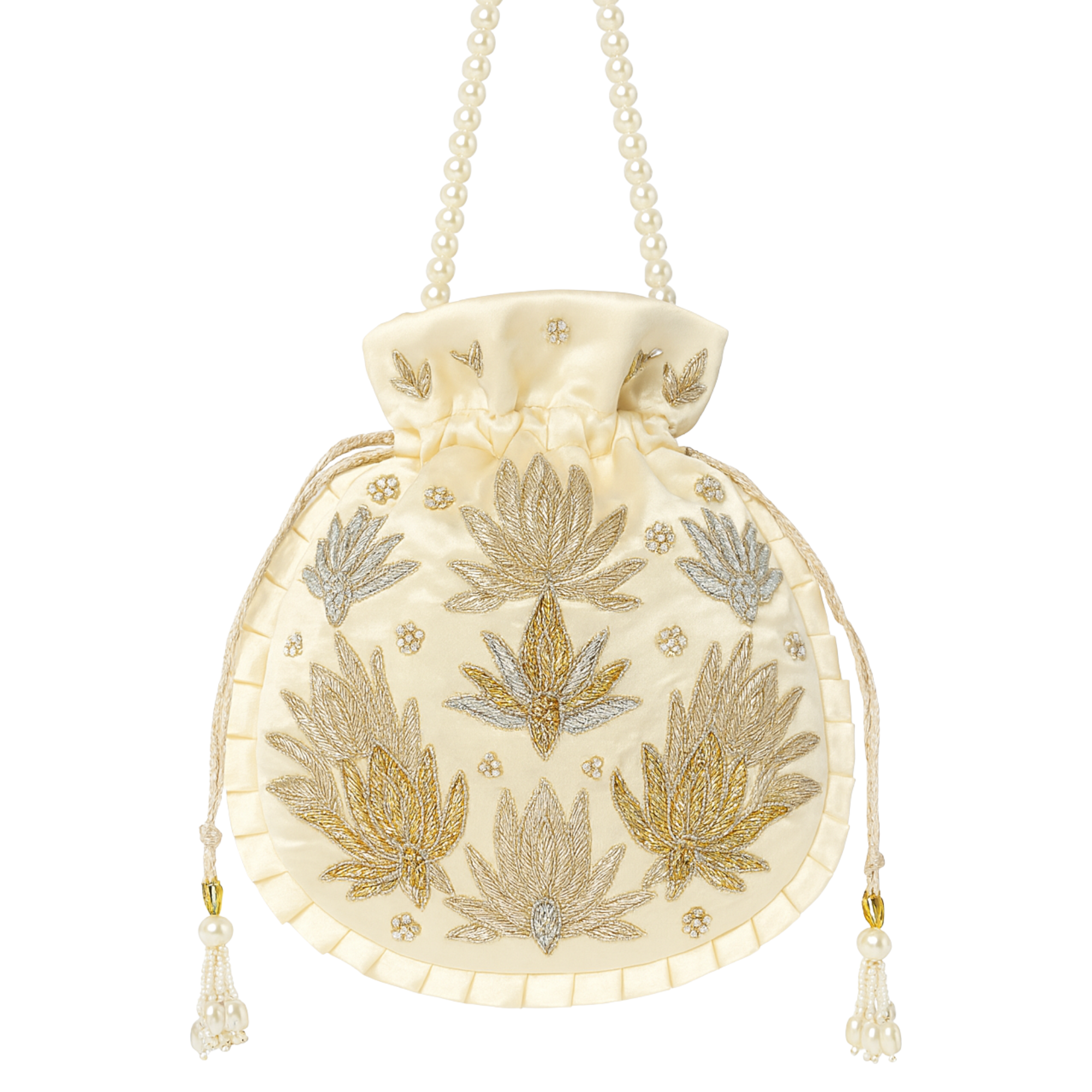 Ivory Golden Lotus Embroidered Potli Bag