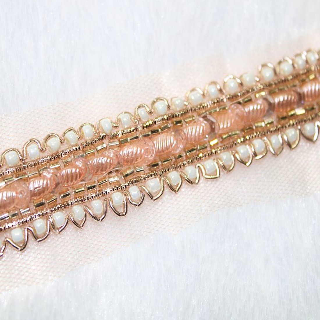 Rose Gold and White Beads Embellished Handwork Lace