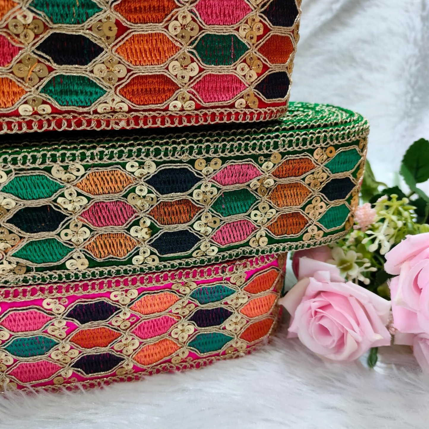 Green Multicolor Embroidery Work Lace