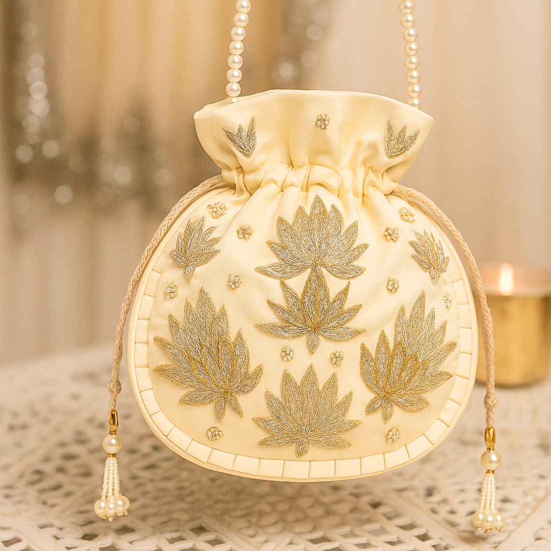 Ivory Golden Lotus Embroidered Potli Bag