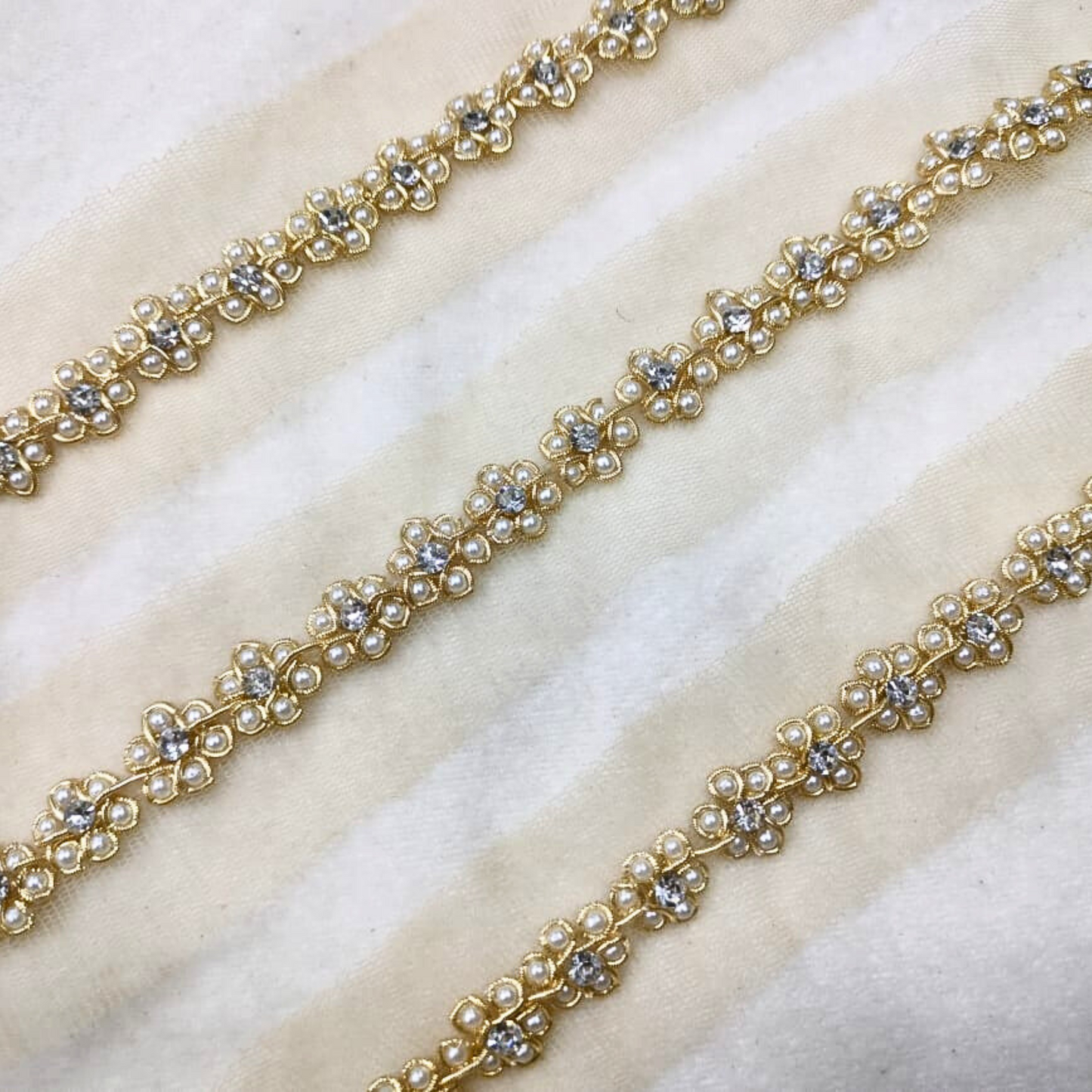 Golden and White Stone Floral Handwork Trim