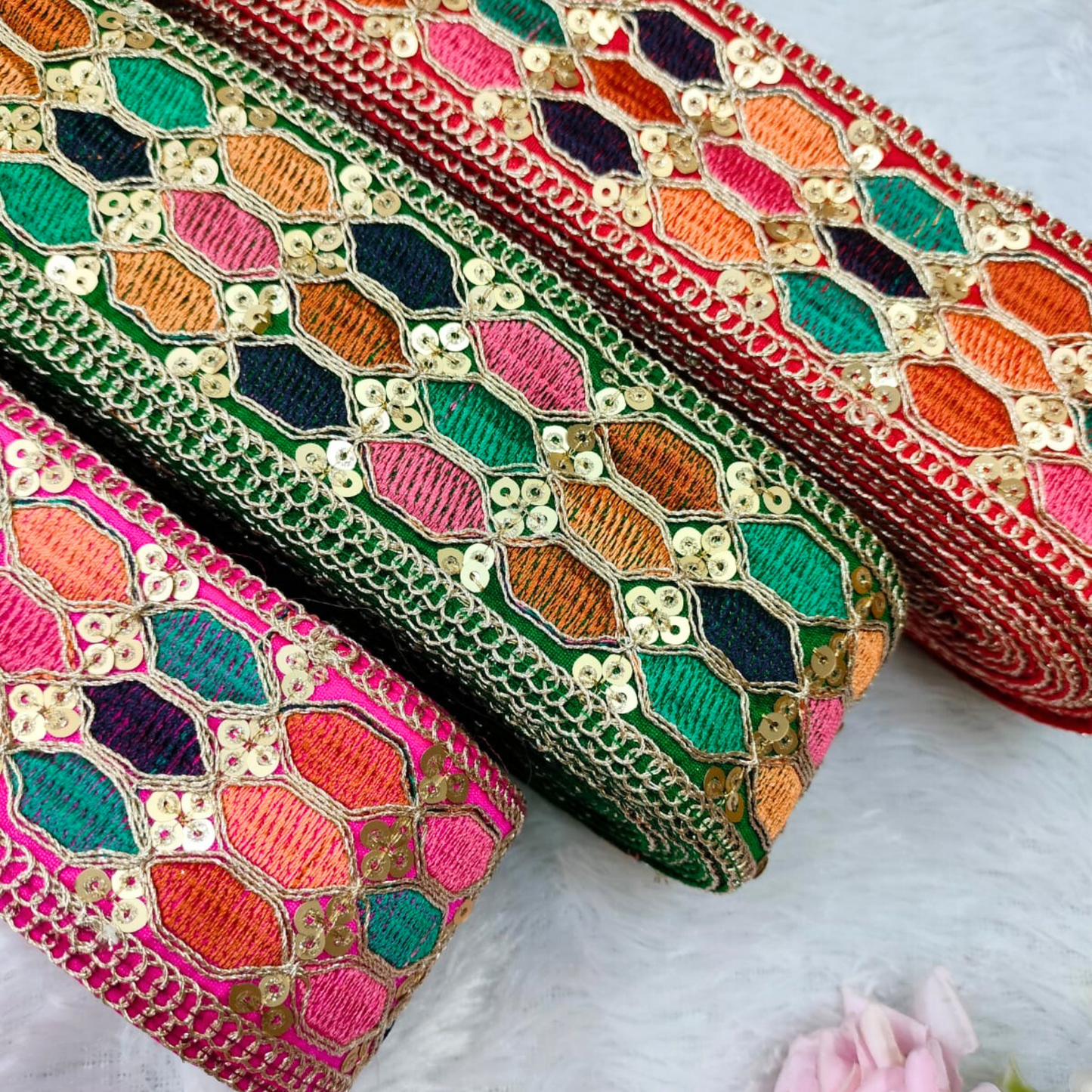 Green Multicolor Embroidery Work Lace