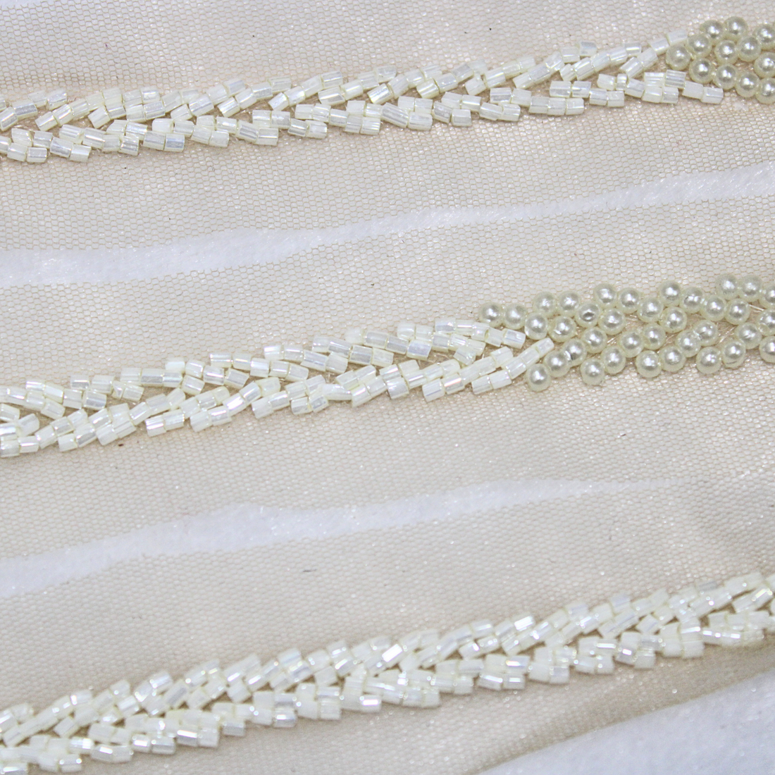 White Twinkling Beads Handwork Lace Border