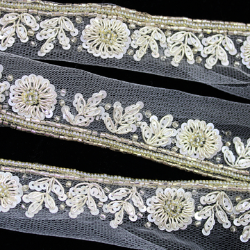 White and Light Gold Floral Handwork Trim