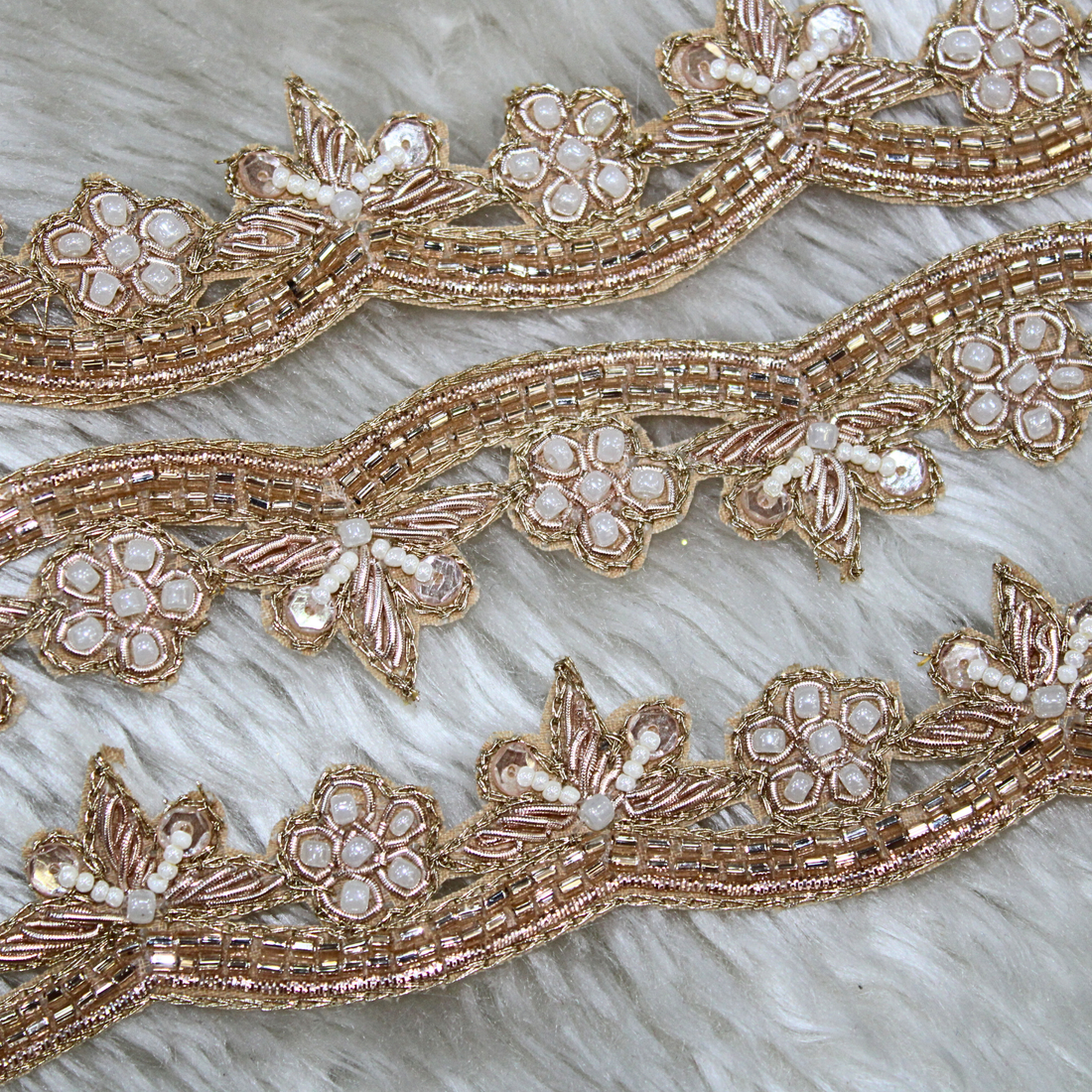 Rose Gold Zardozi And White Pearl Handcrafted Trim