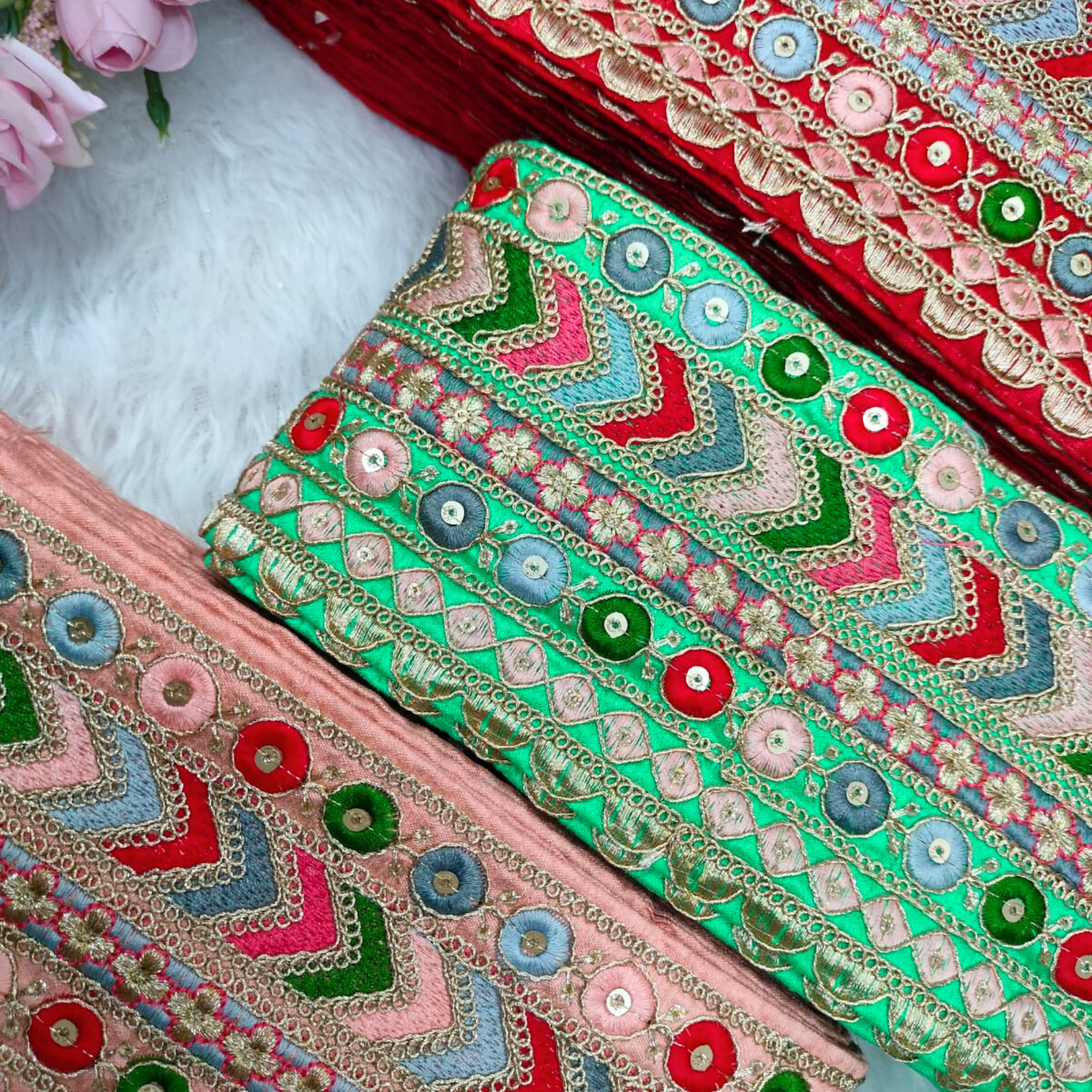 Charming Pink Base Multicolor Embroidery Trim