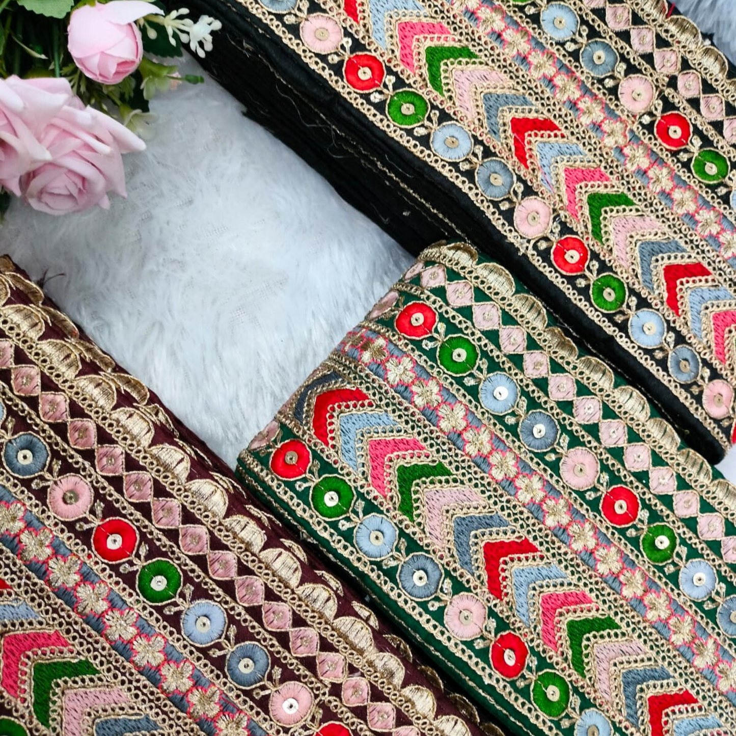Elegant Black Base Multicolor Embroidered Lace Trim
