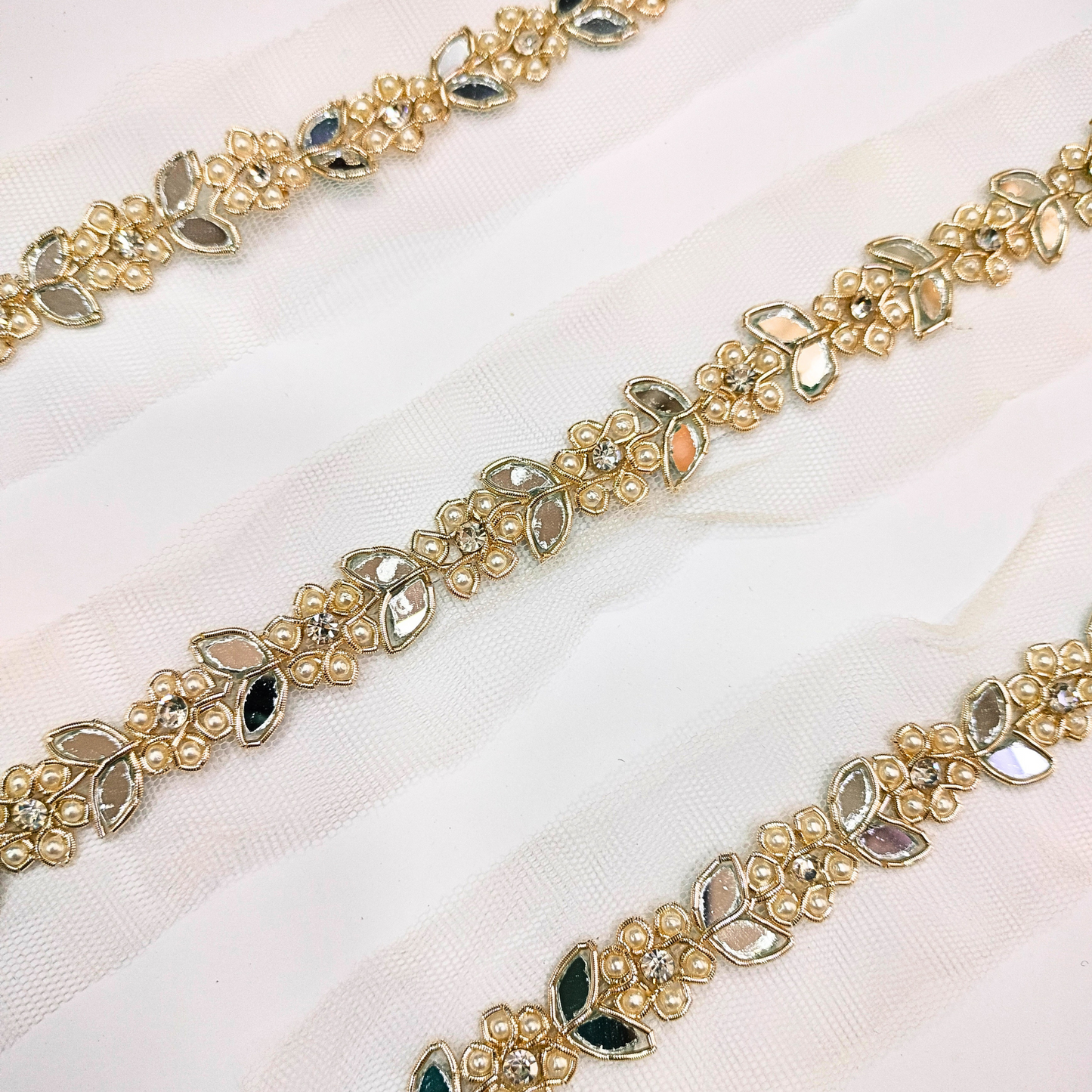 Golden Stone & Mirror Embellished Handwork Lace