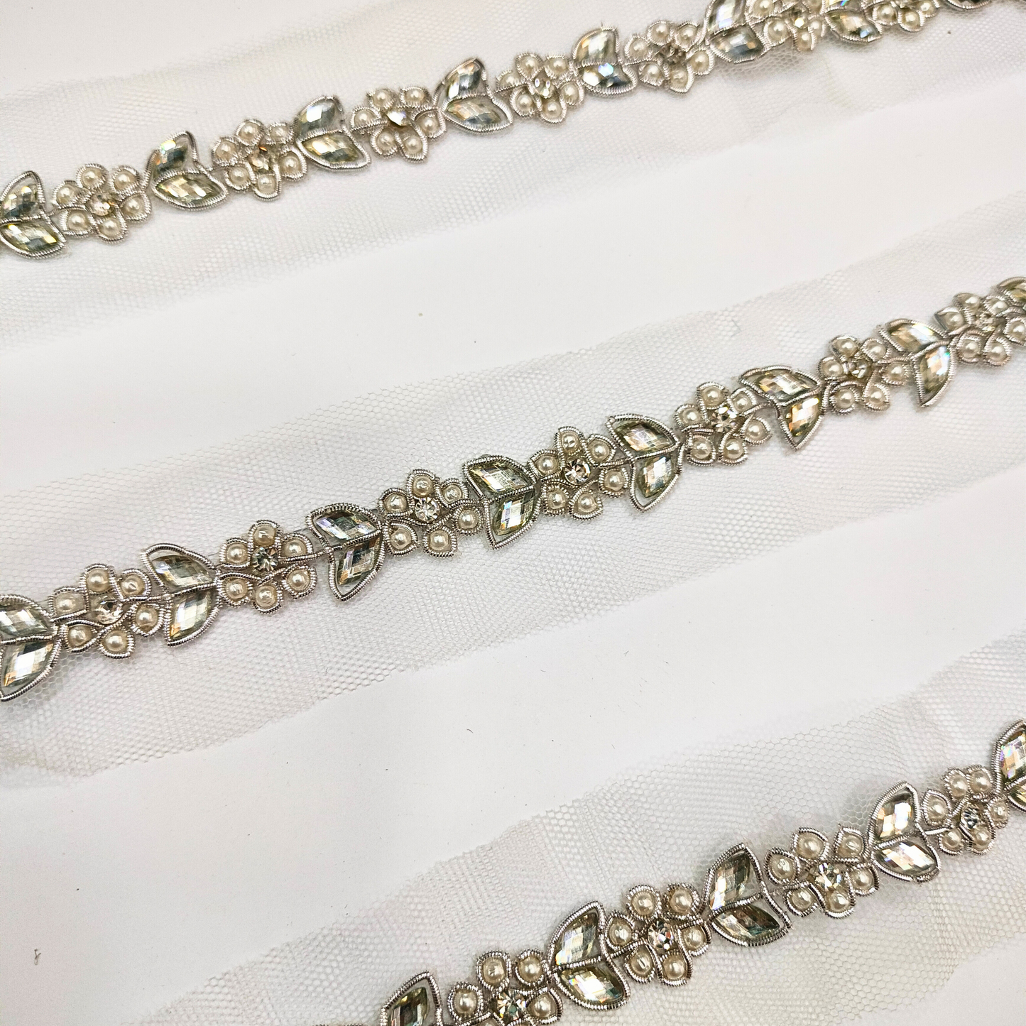 Silver Stone & Beads Embellished Handcrafted Trim