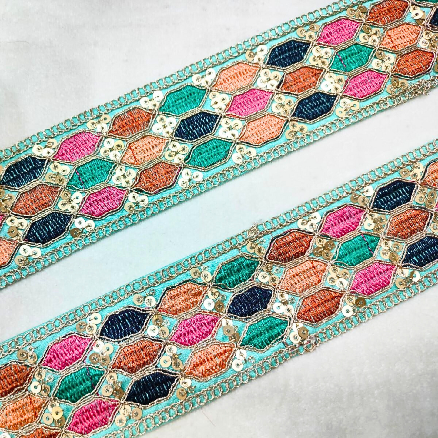Blue Multicolor Embroidery Work Lace