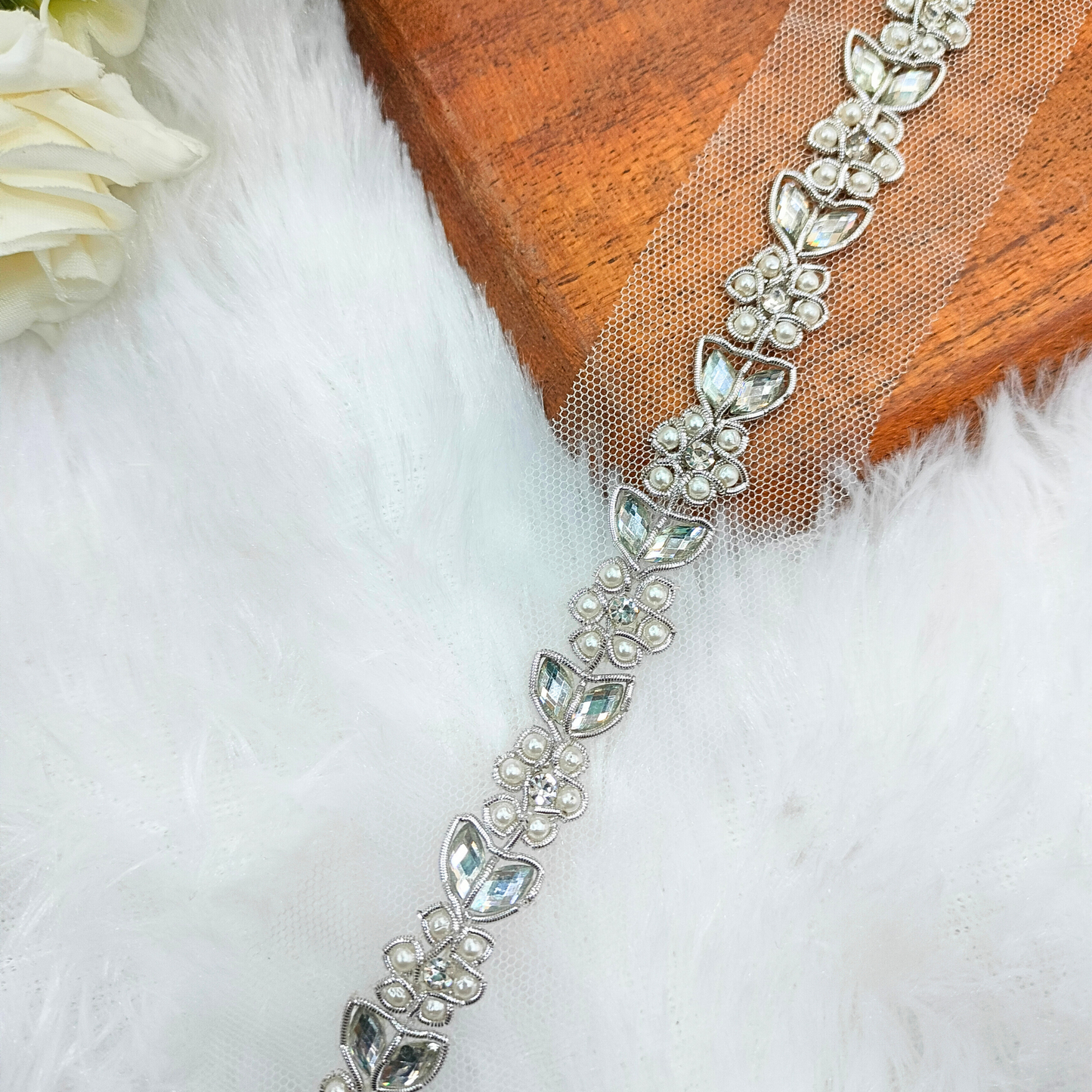 Silver Stone & Beads Embellished Handcrafted Lace