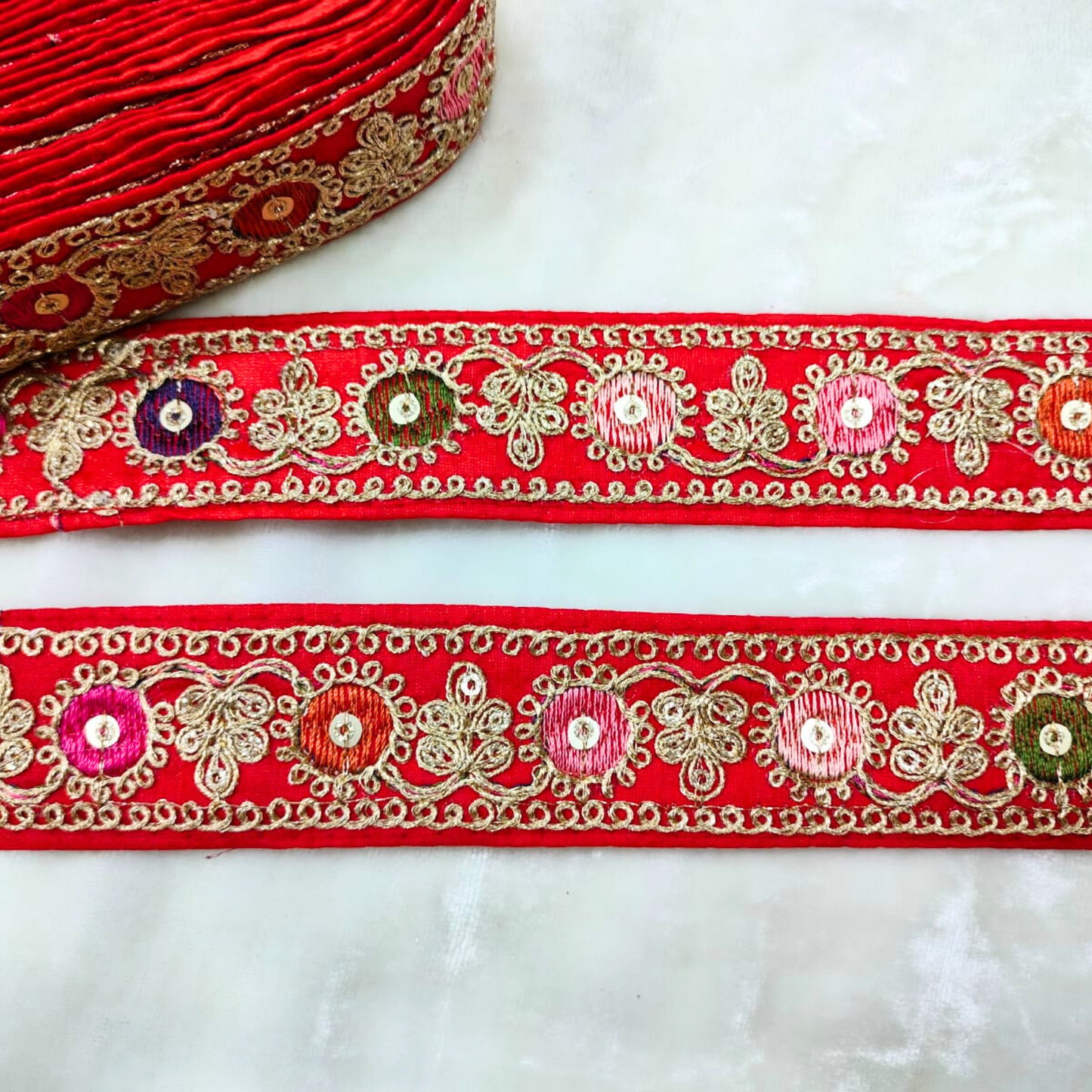 Charming Red Base Multicolor Embroidered Trim