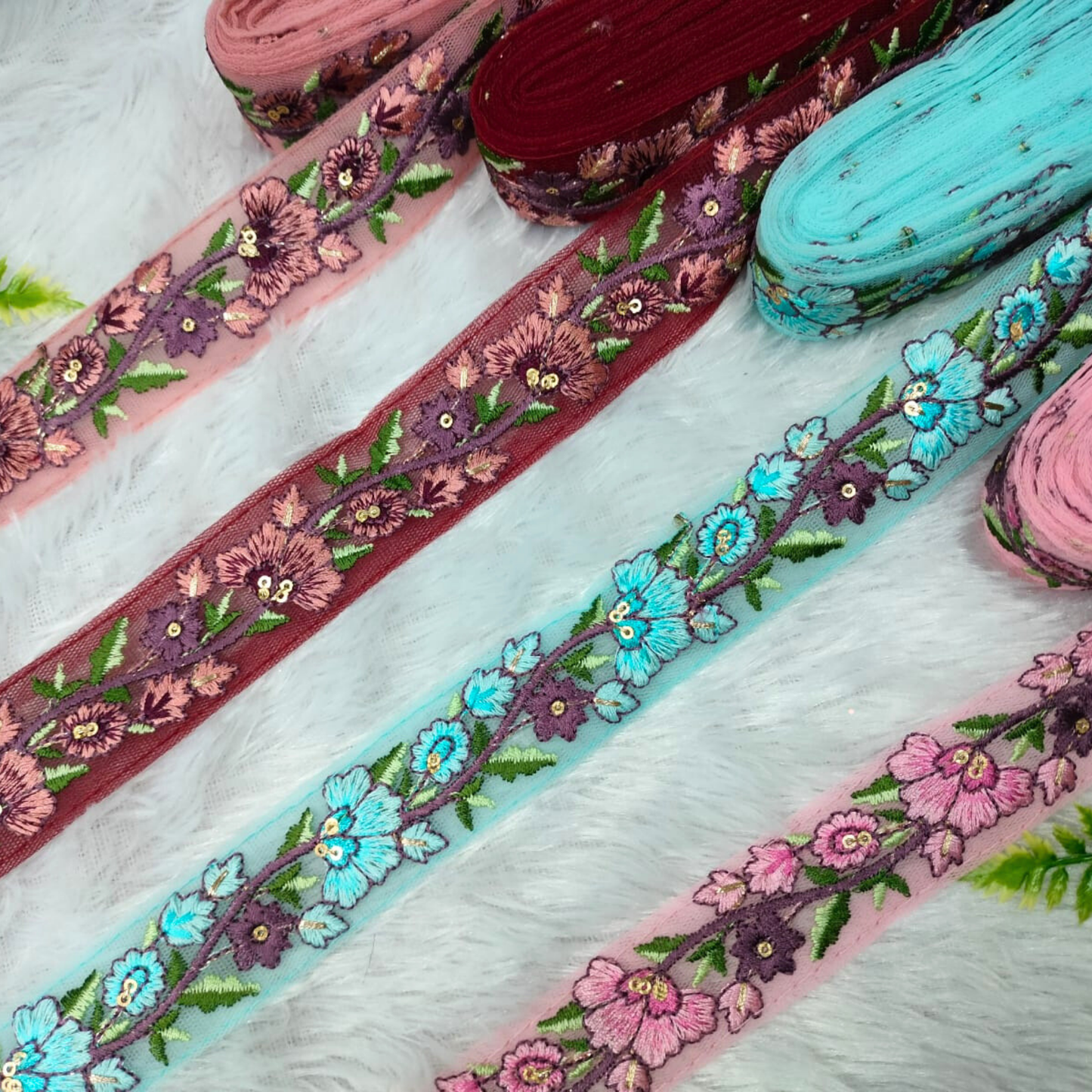 Blush Pink Floral Embroidered Trim with Multicolor Accents