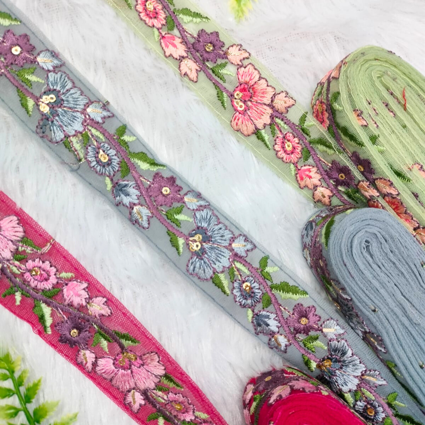 Blush Pink Floral Embroidered Trim with Multicolor Accents