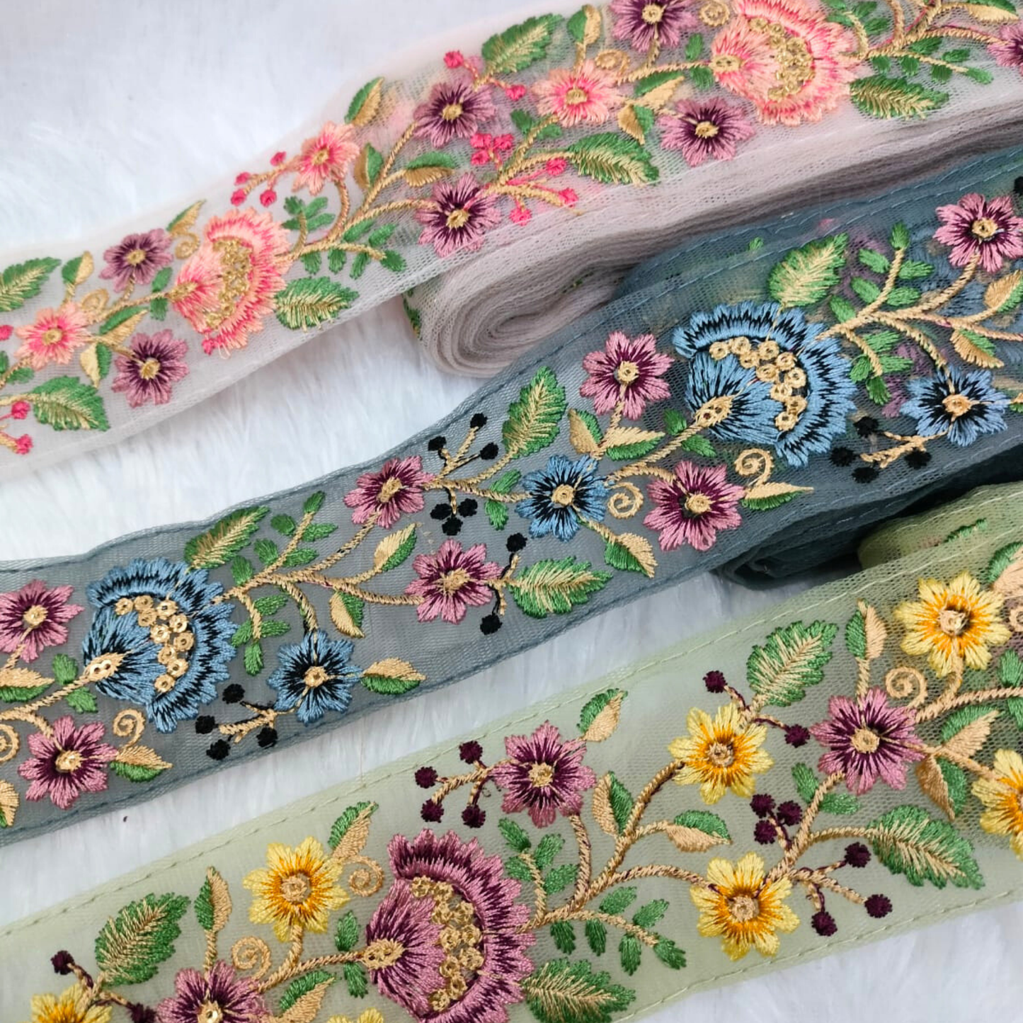 Green Multicolor Embroidery Work Lace