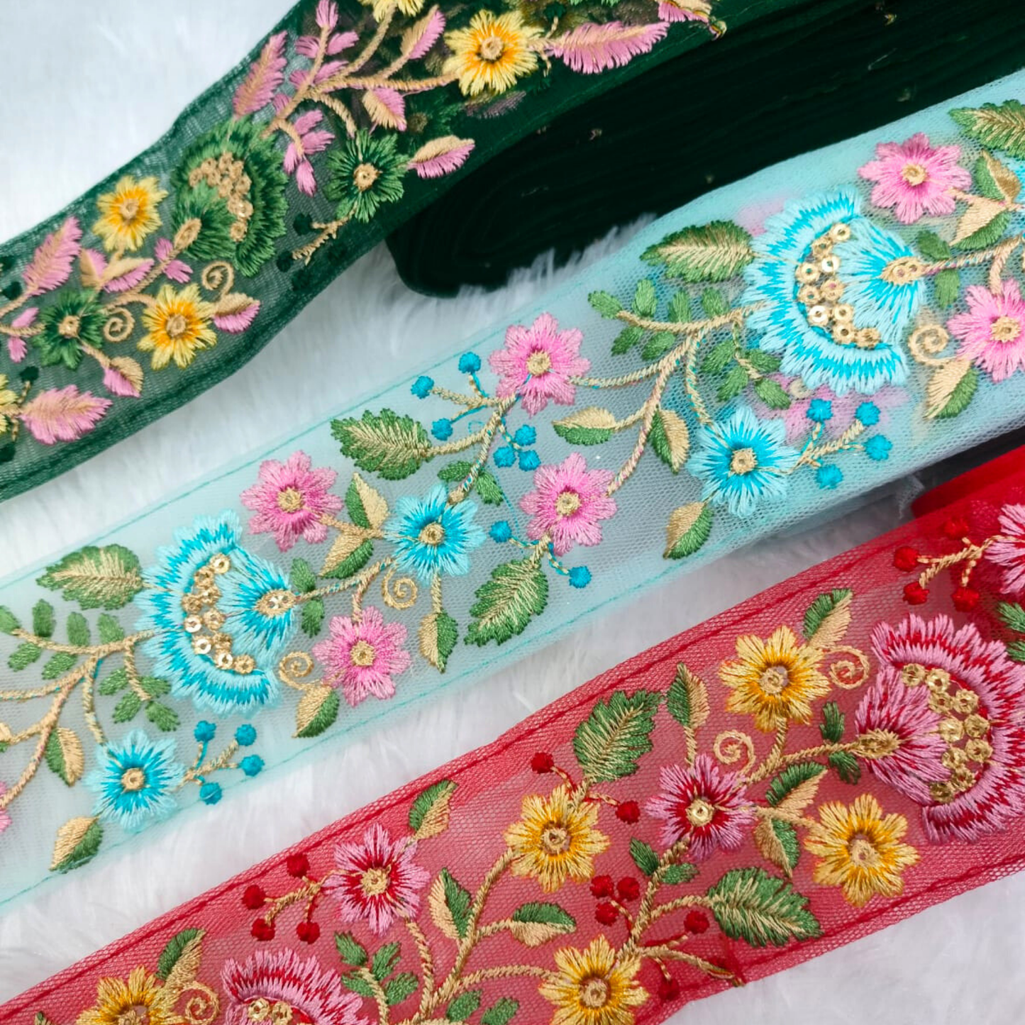 Green Multicolor Embroidery Work Lace