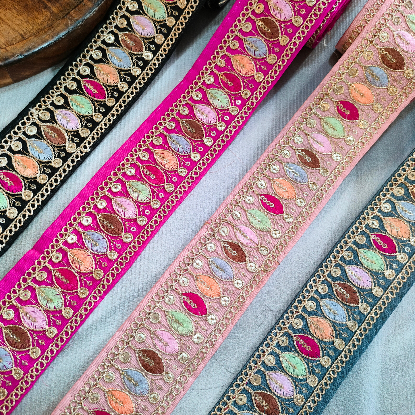 Elegant Black Base Trim with Multicolor Embroidery