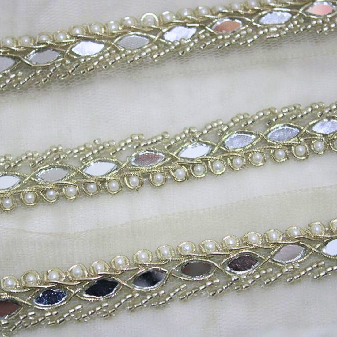 Golden Beads With Mirror Embellished Handwork Lace