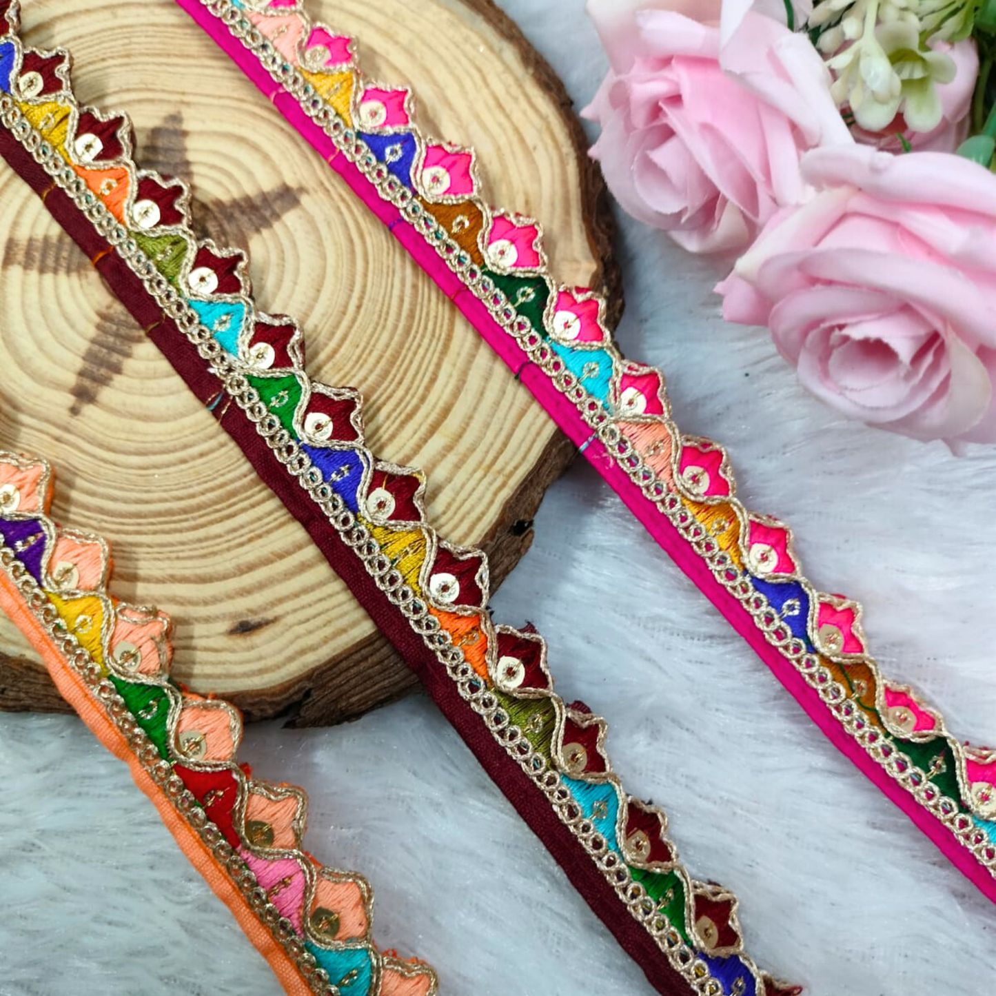 Beige Base Multicolor Embroidered Trim