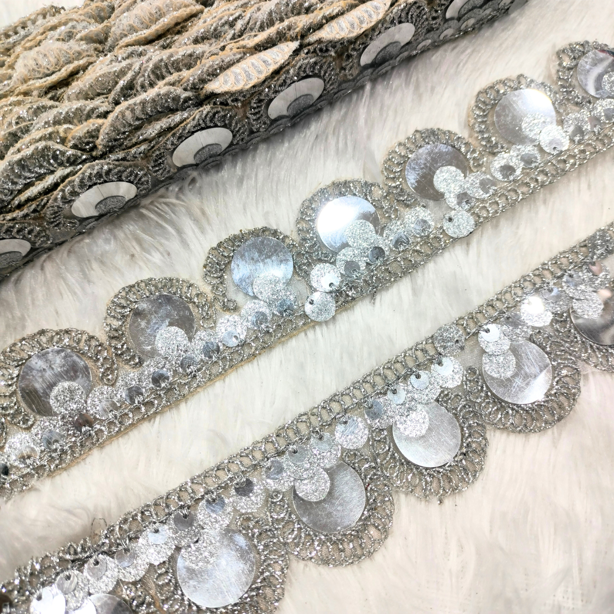 Silver Sequin Scallop Lace