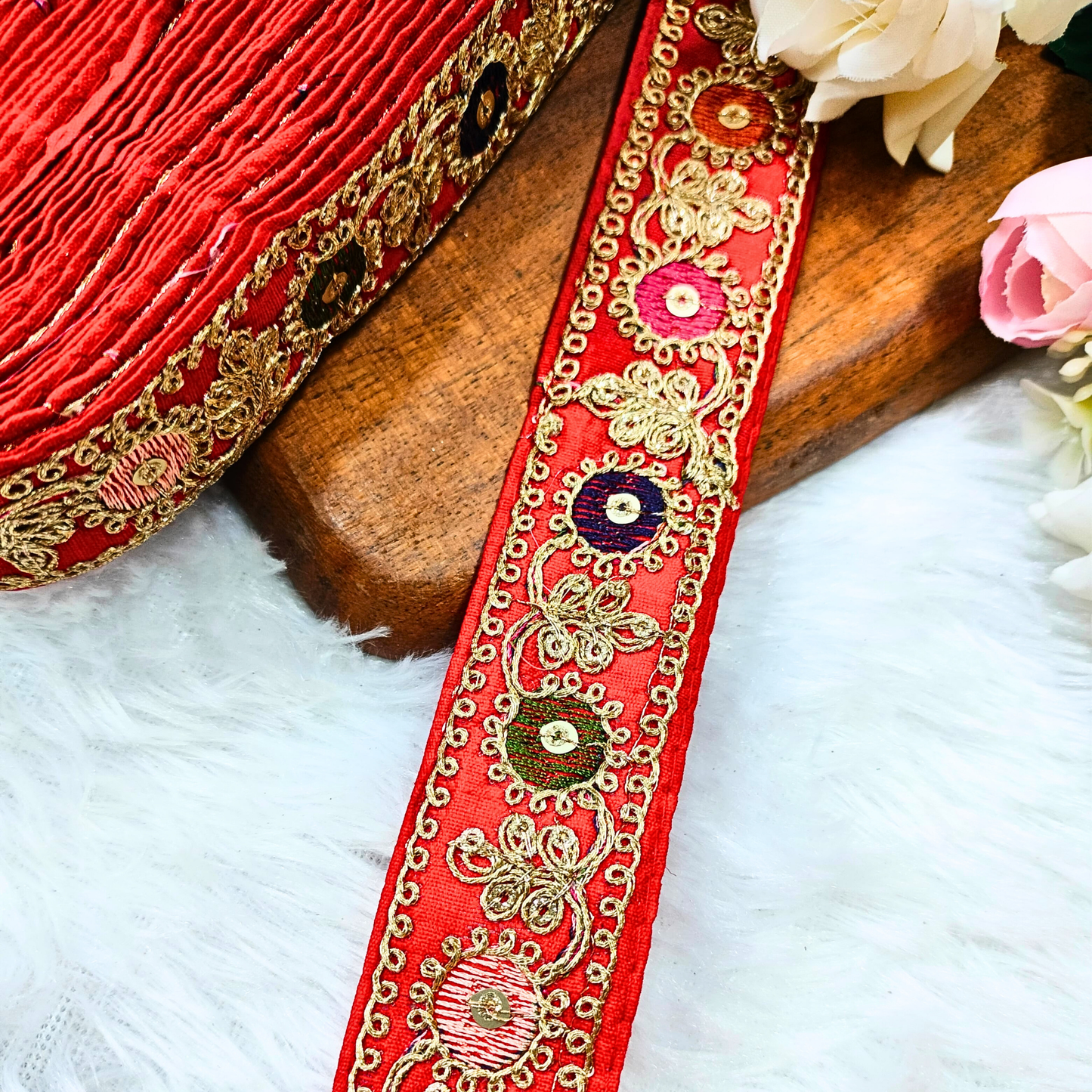 Charming Red Base Multicolor Embroidered Lace