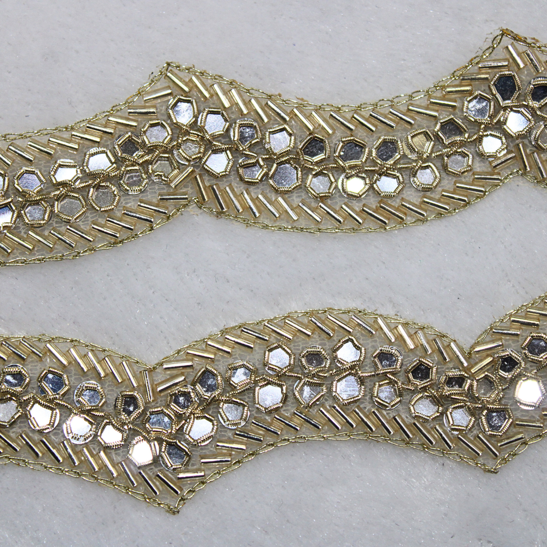 Golden Scalloped Mirror Embellished Handwork Lace