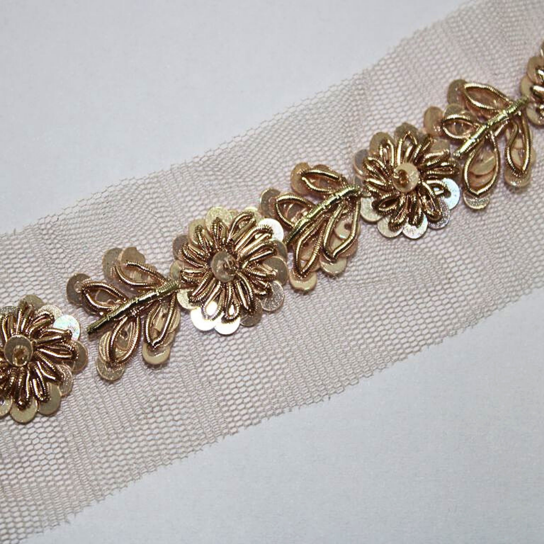 Golden Floral Embellished Handwork Trim