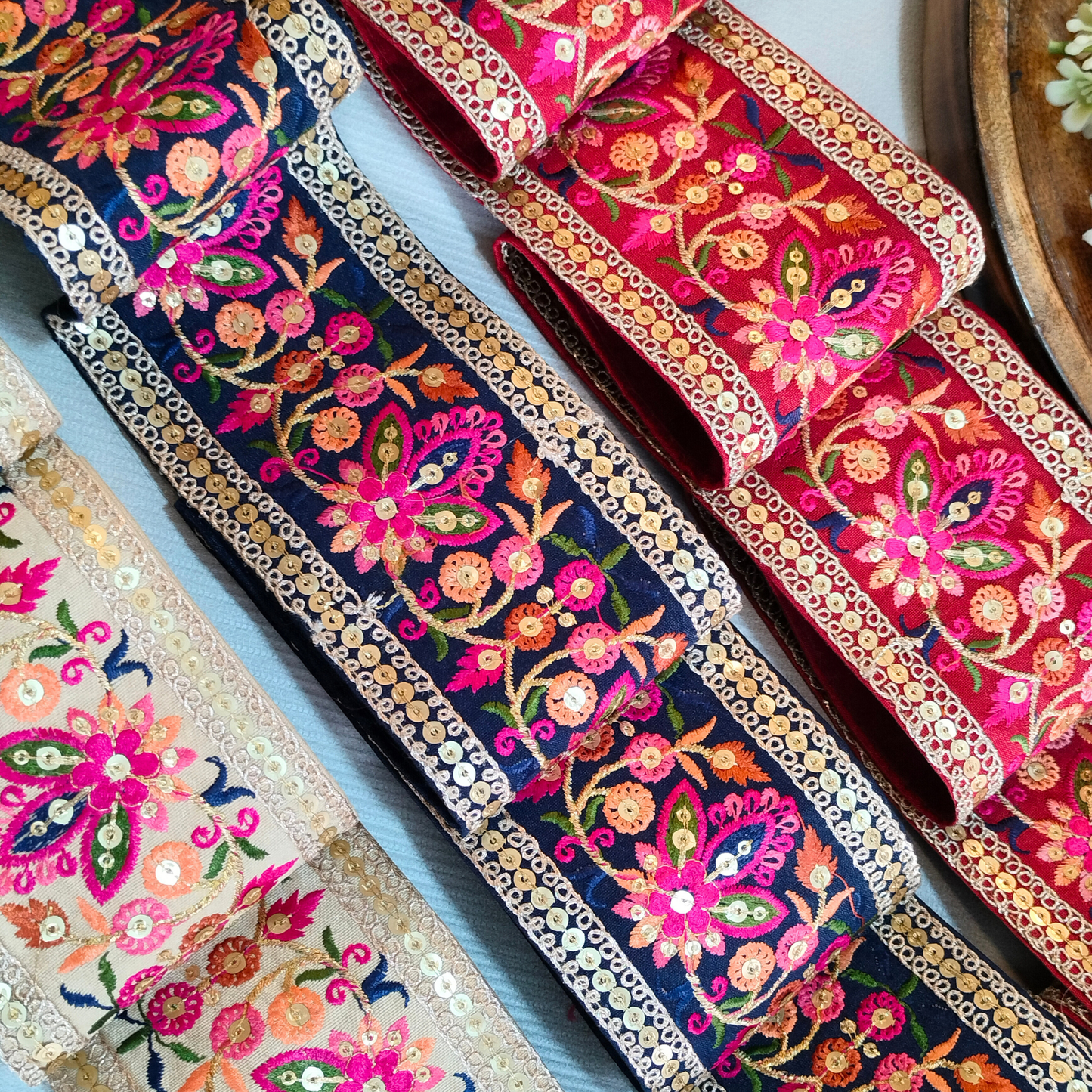 Multicolor Embroidered Red Trim