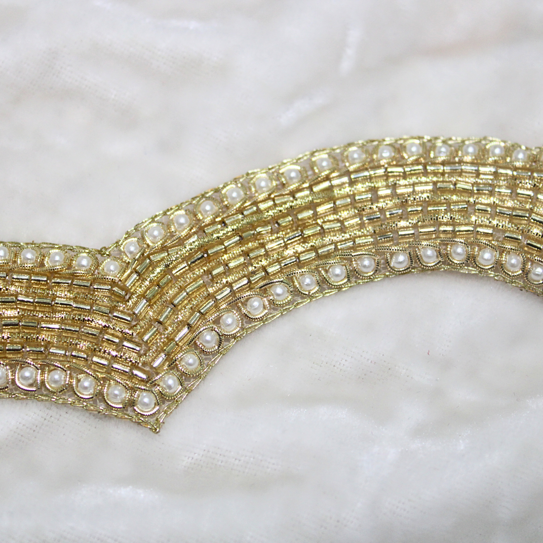 White and Golden Scalloped Mirror Embellished Handwork Lace