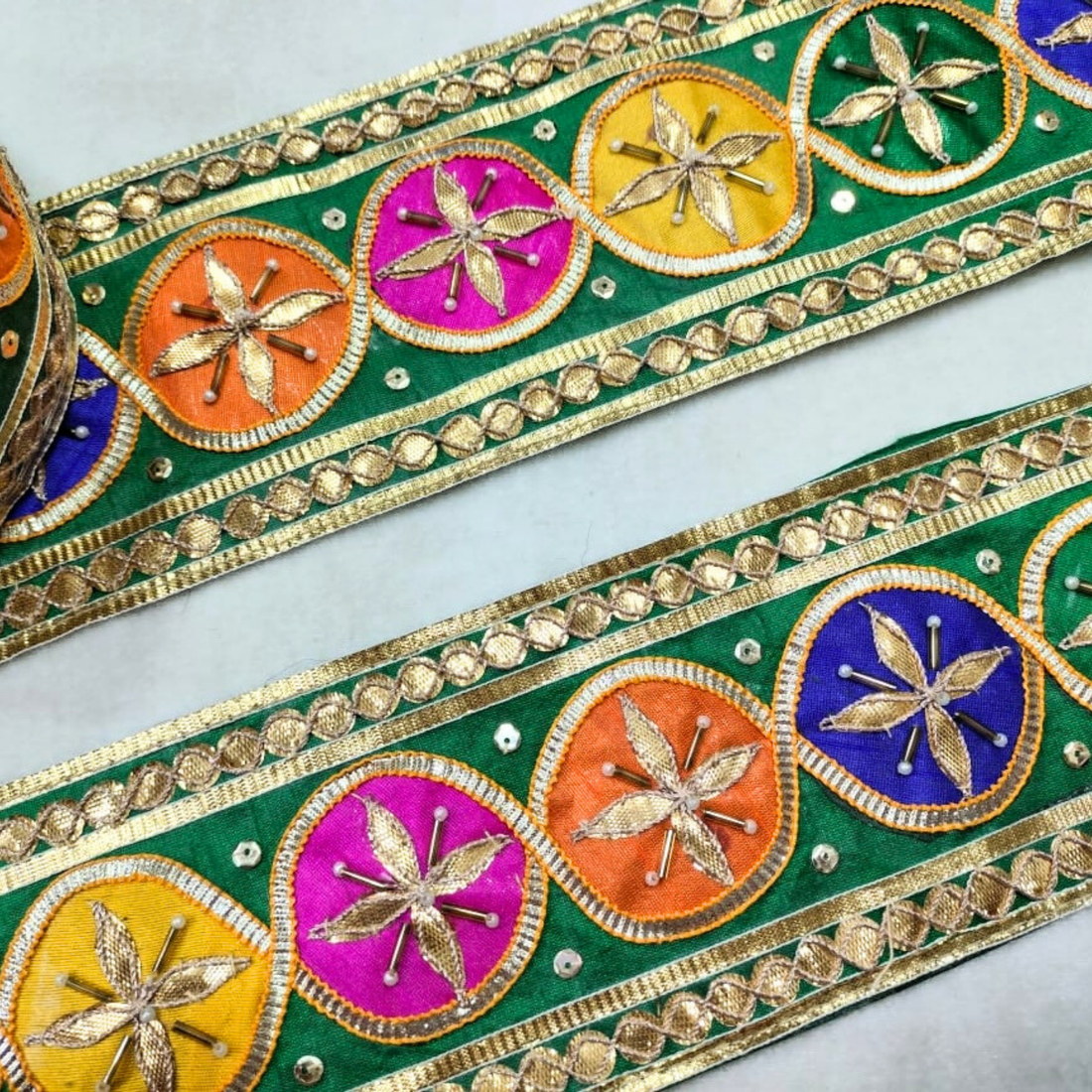 Green Multicolor Handcrafted Gota Patti Lace