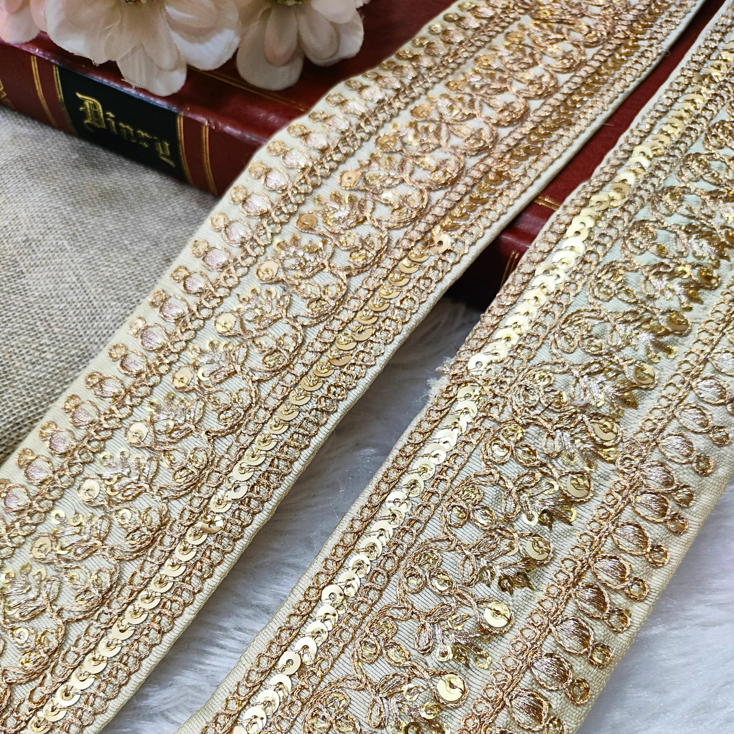 Beige Embellished Fancy Zari Work Lace