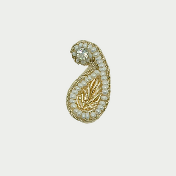 Light Gold Keri-Shaped Zardozi Patch with White Pearls