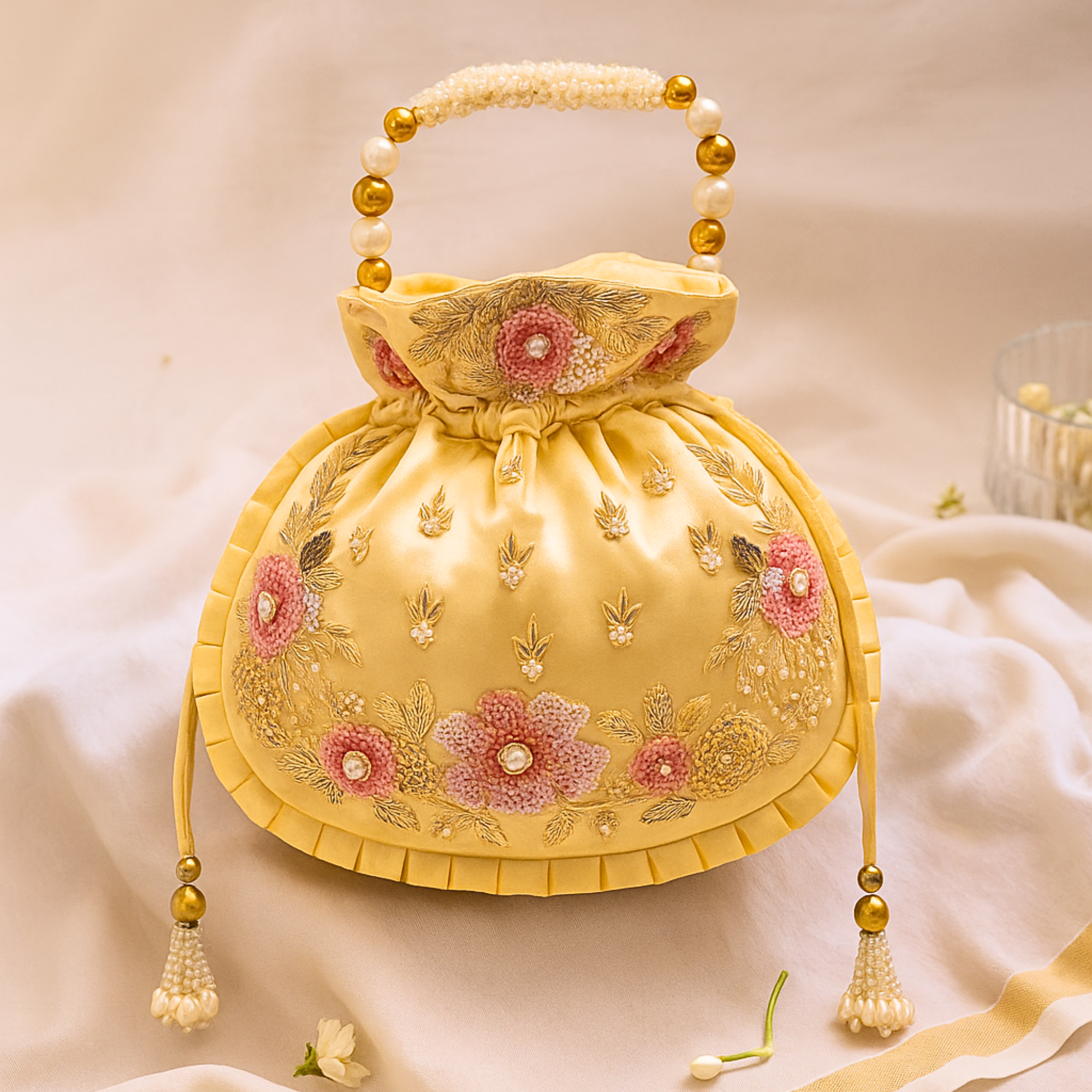 Golden Floral Zardozi Potli Bag