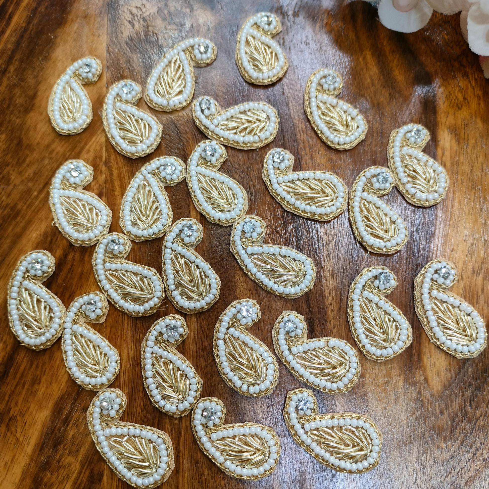 Light Gold Keri-Shaped Zardosi Patch with White Pearls