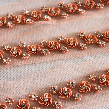 Peach Embellished Sequin Floral Handwork Lace