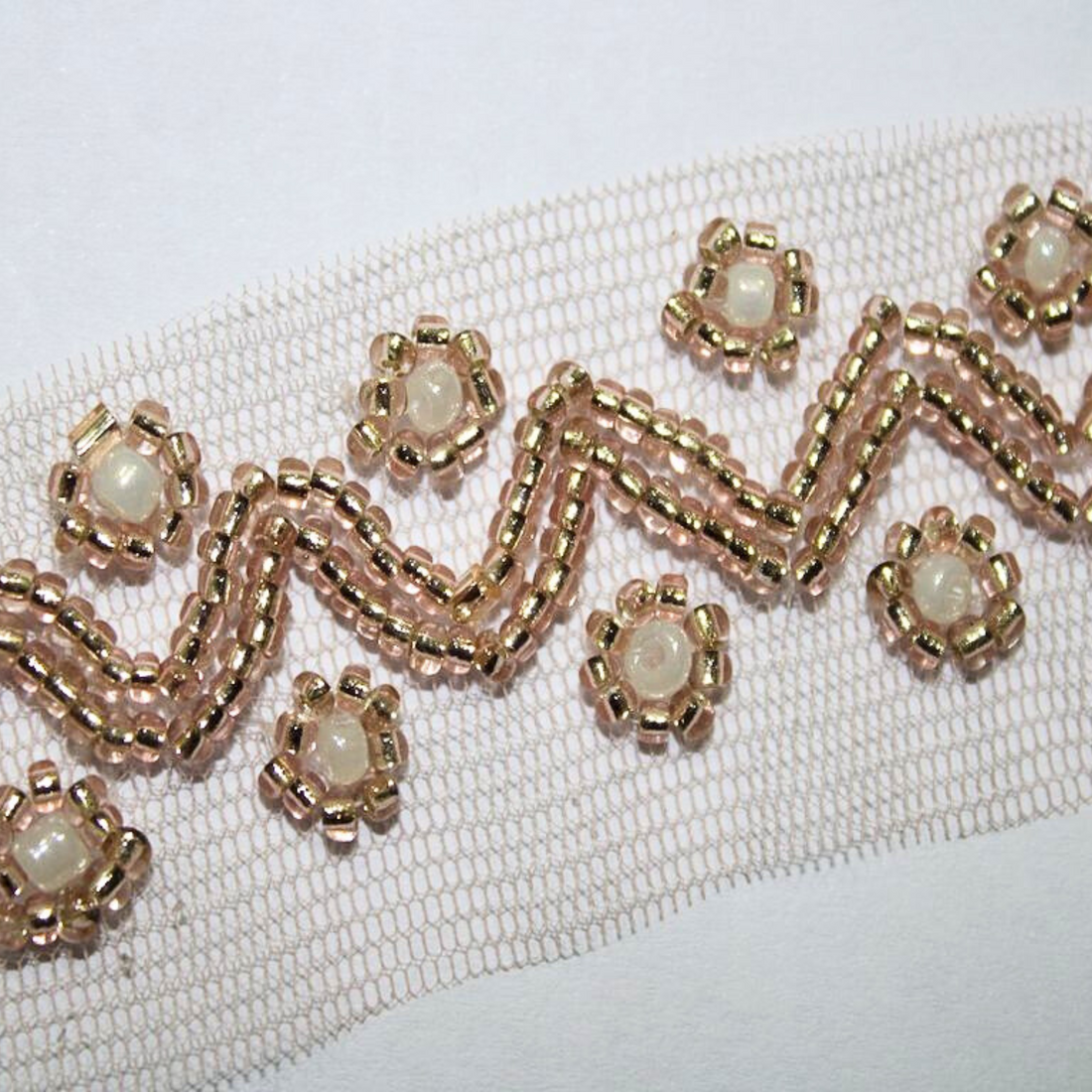 Rose Pink Shimmer & White Beads Embroidered Lace Border
