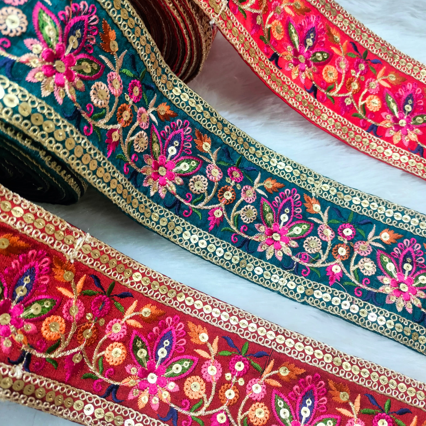 Multicolor Embroidered Red Trim