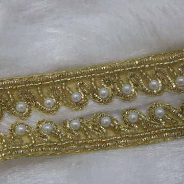 Golden Shimmer With White Pearl Embroidered Handwork Lace