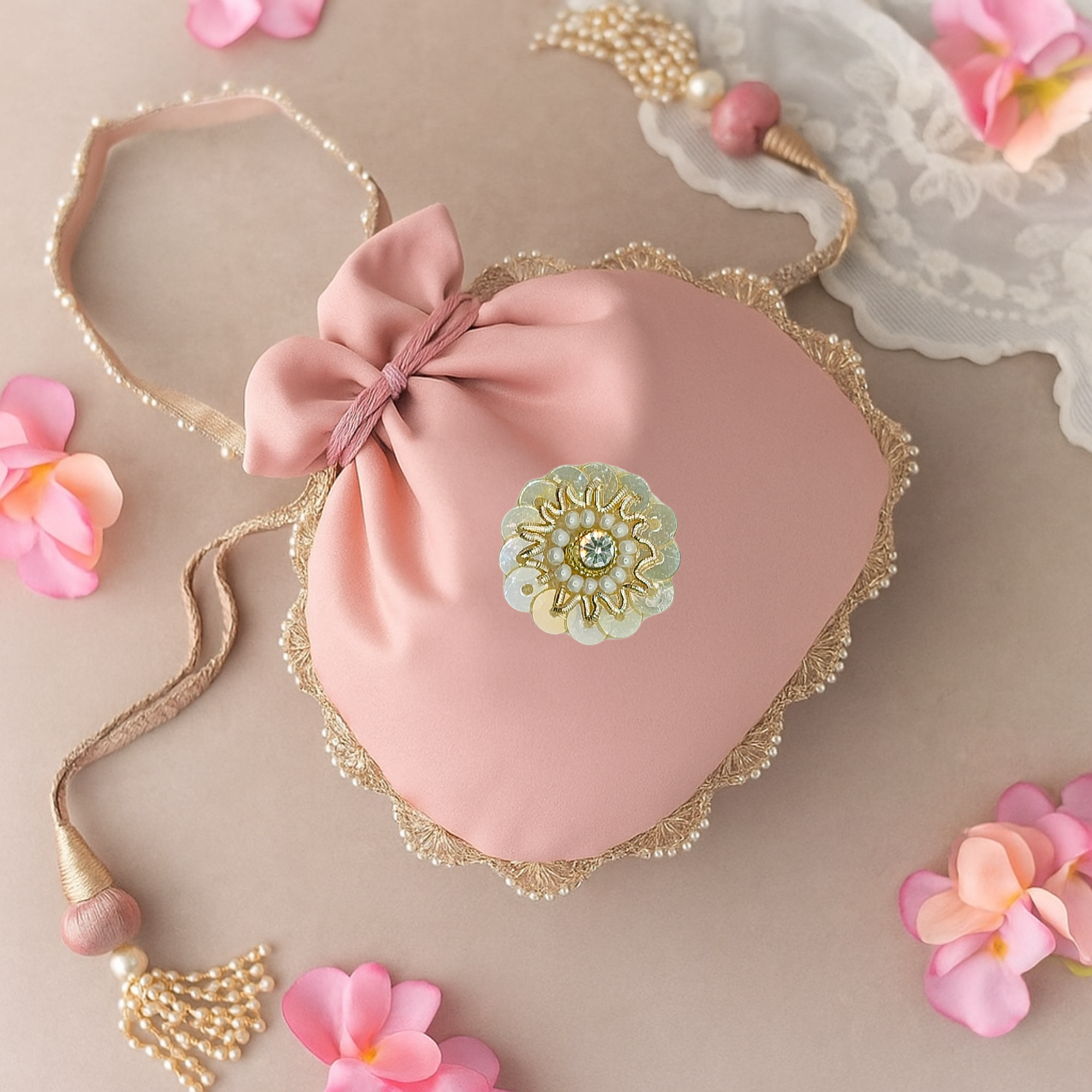 Light Gold Zardozi Patch with Sequins & White Pearls