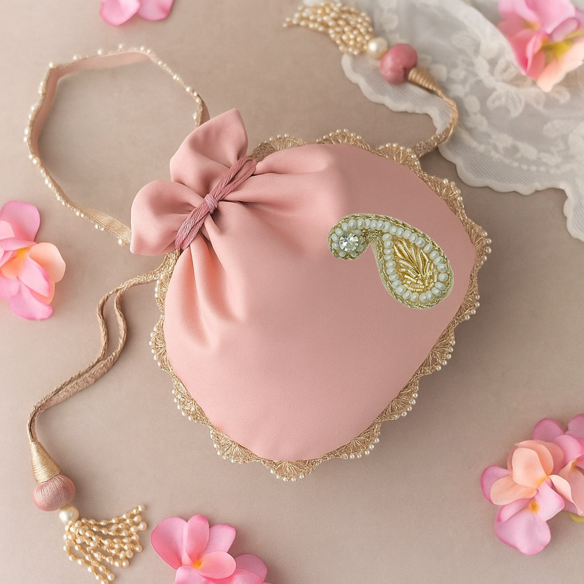 Light Gold Keri-Shaped Zardozi Patch with White Pearls