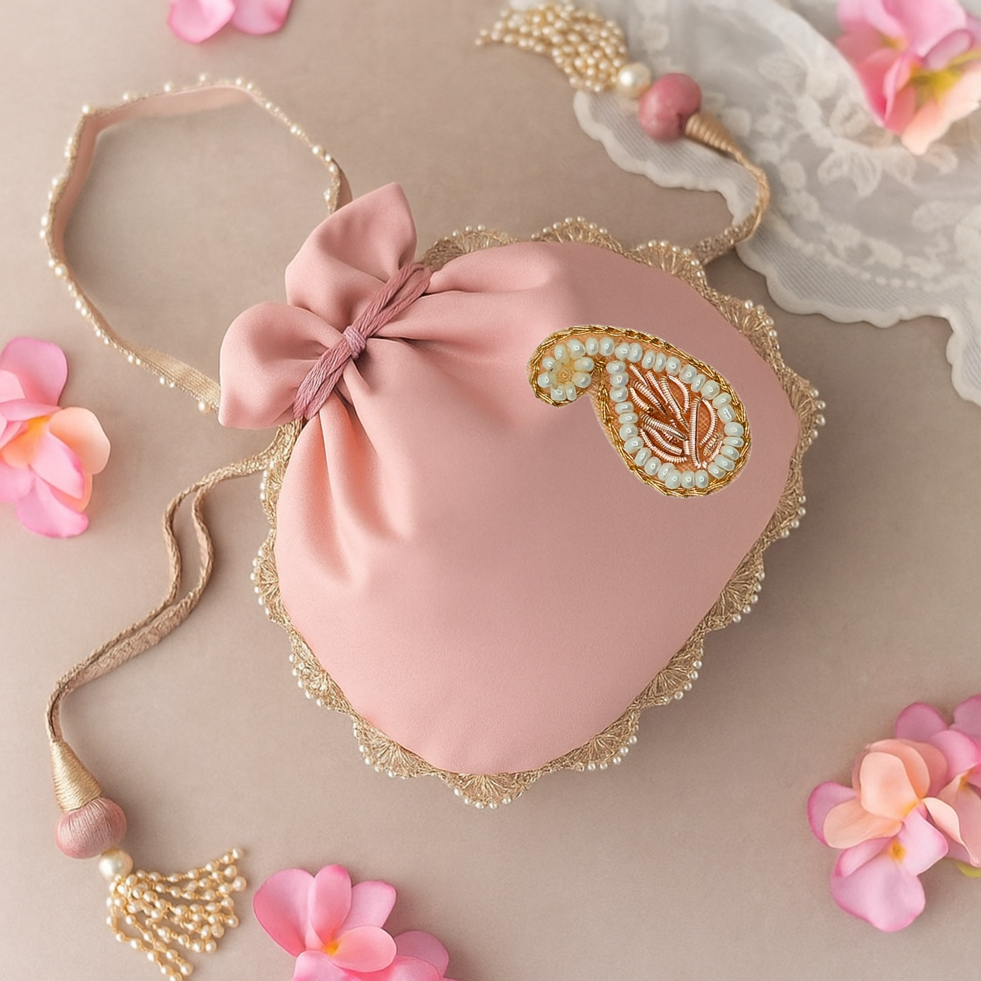 Rose Gold Zardosi Patch with White Pearls