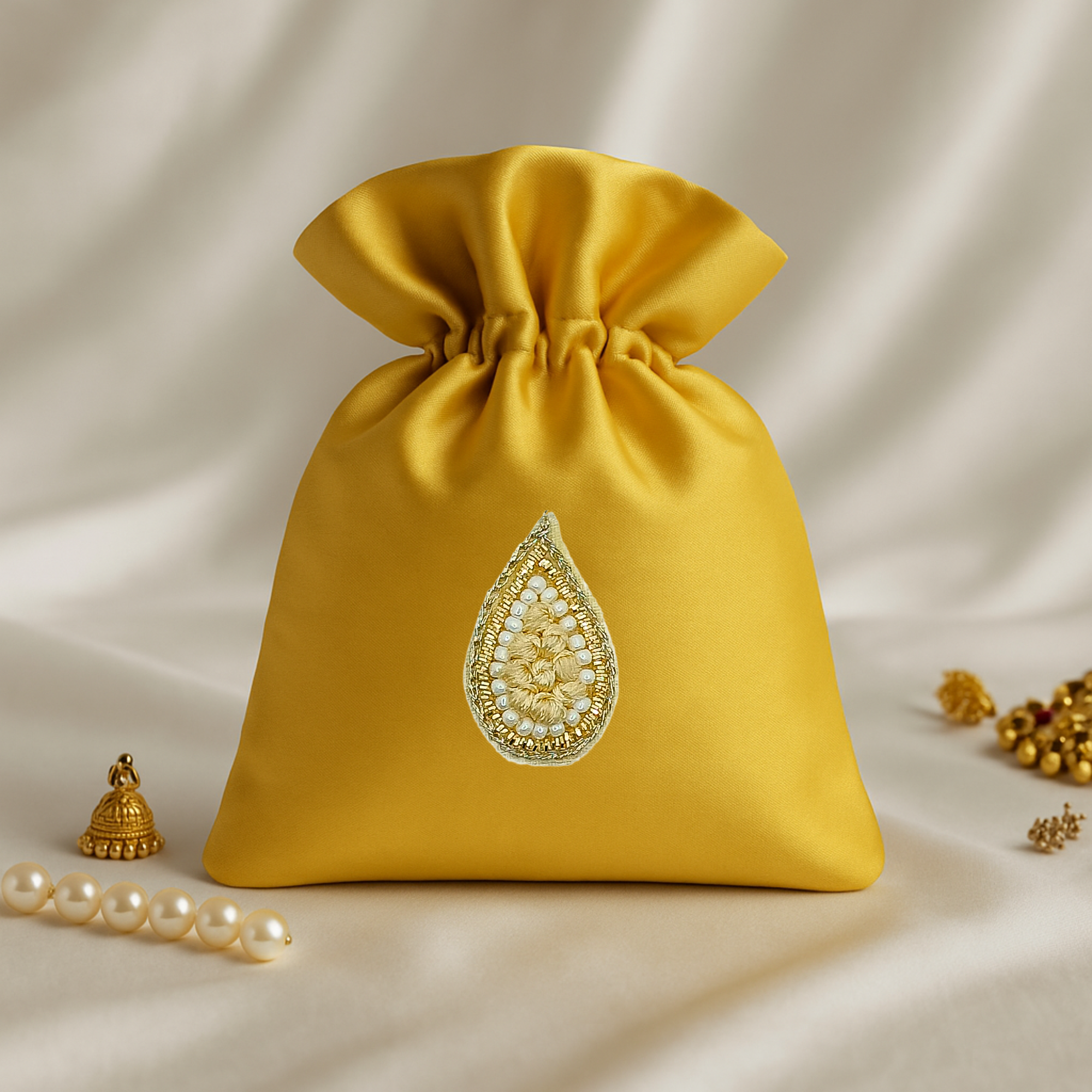 Light Gold Drop Zardosi Patch with White Pearls