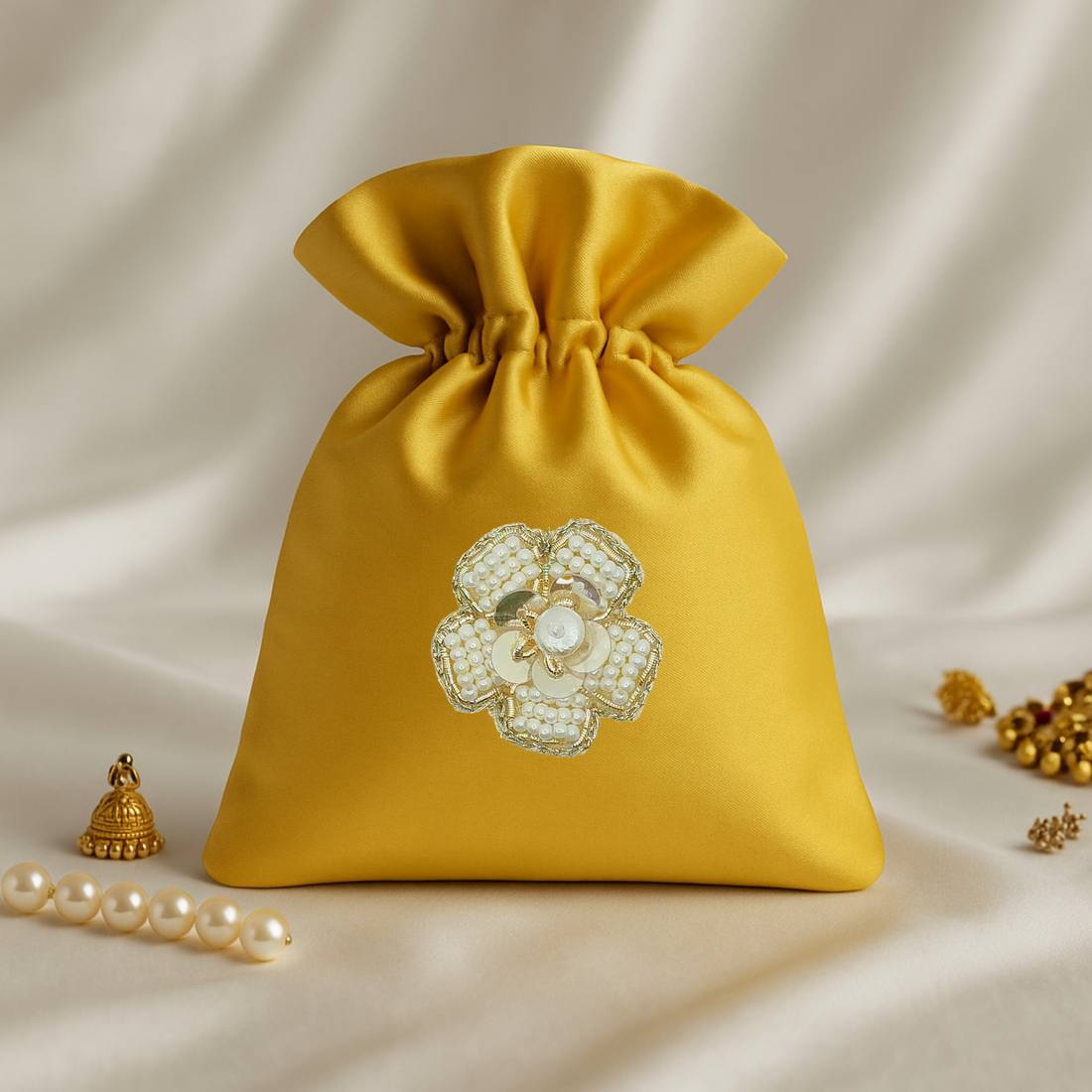 Handcrafted White Pearl Floral Zardosi Patch