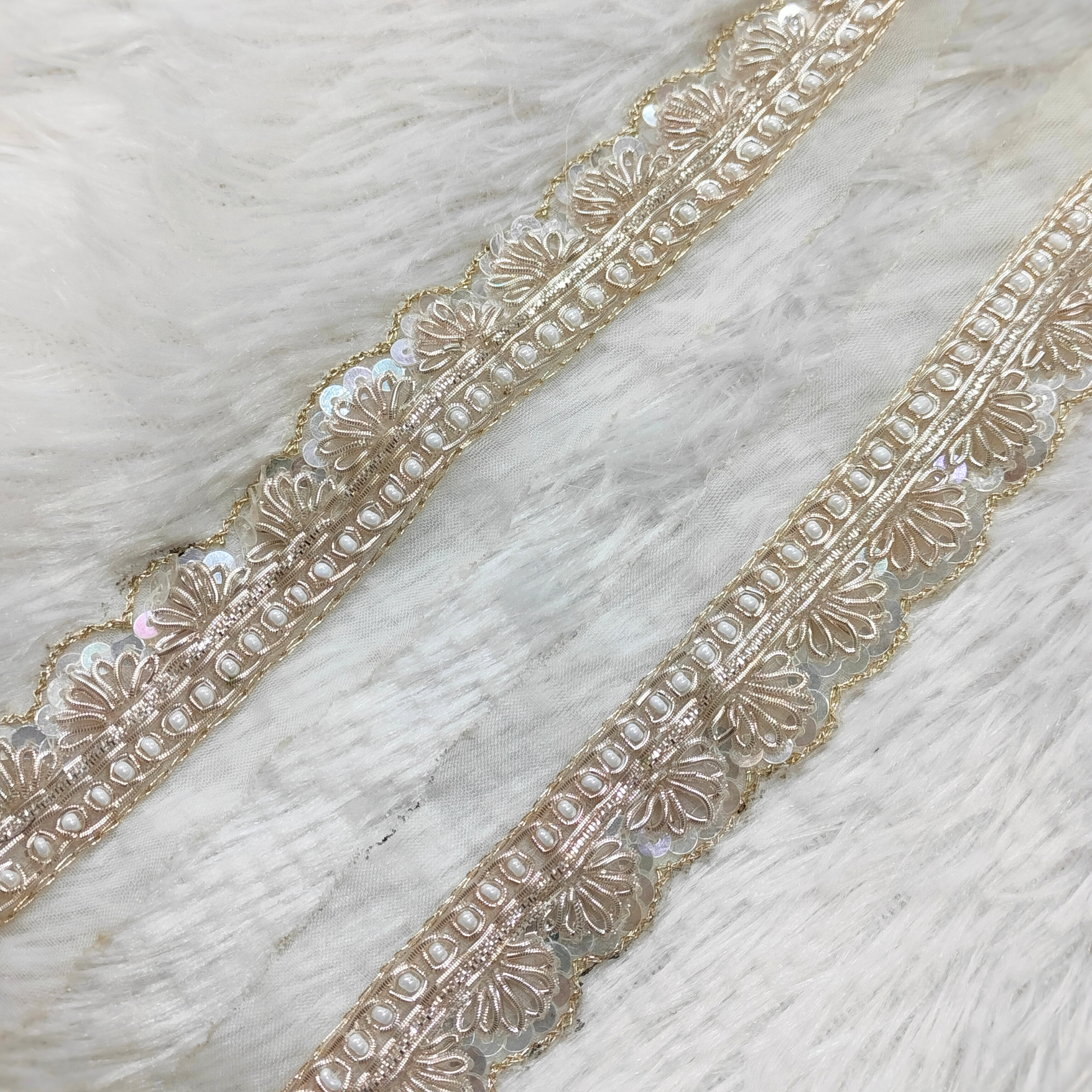 White Pearl Zari Scallop Lace
